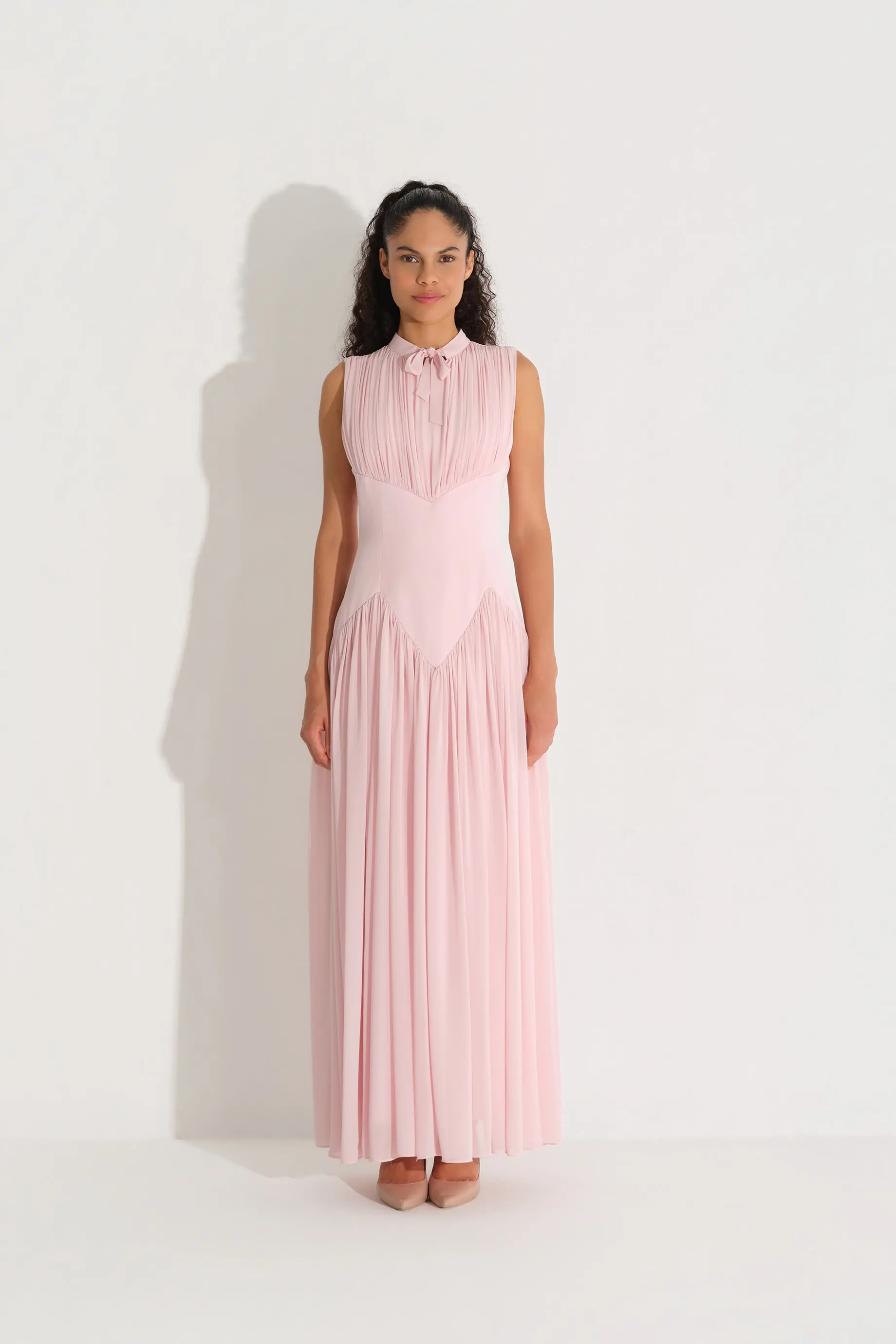 Bow-Neck Corset-Detail Chiffon Dress - Pink
