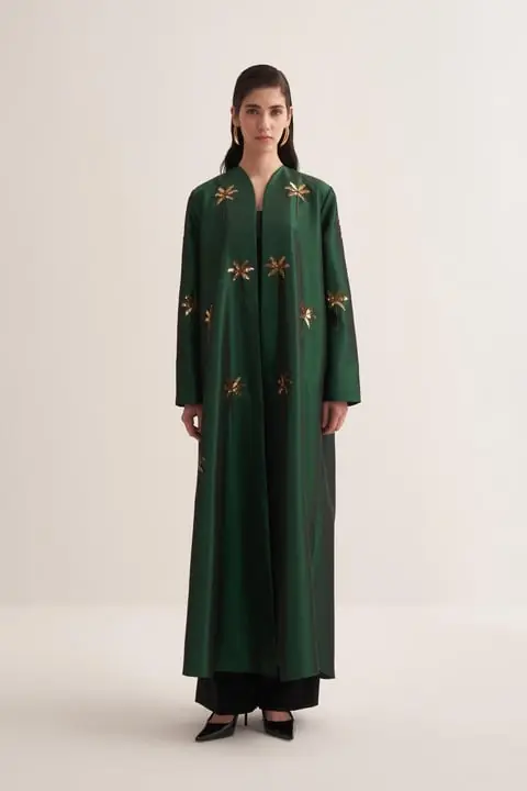 Glamor Embroidered Satin Abaya – Emerald Green