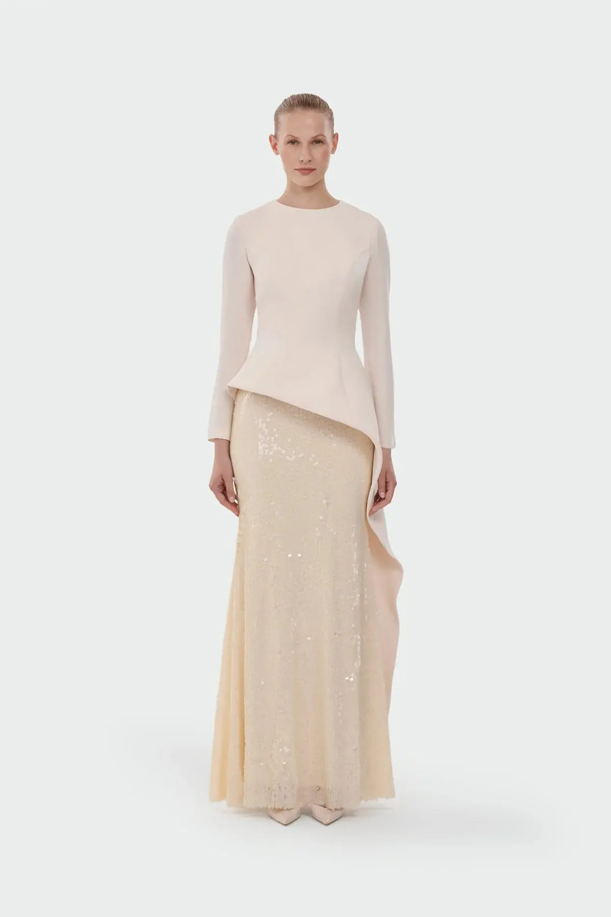 Long-Sleeve Asymmetric Sequin Evening Set - Cream
