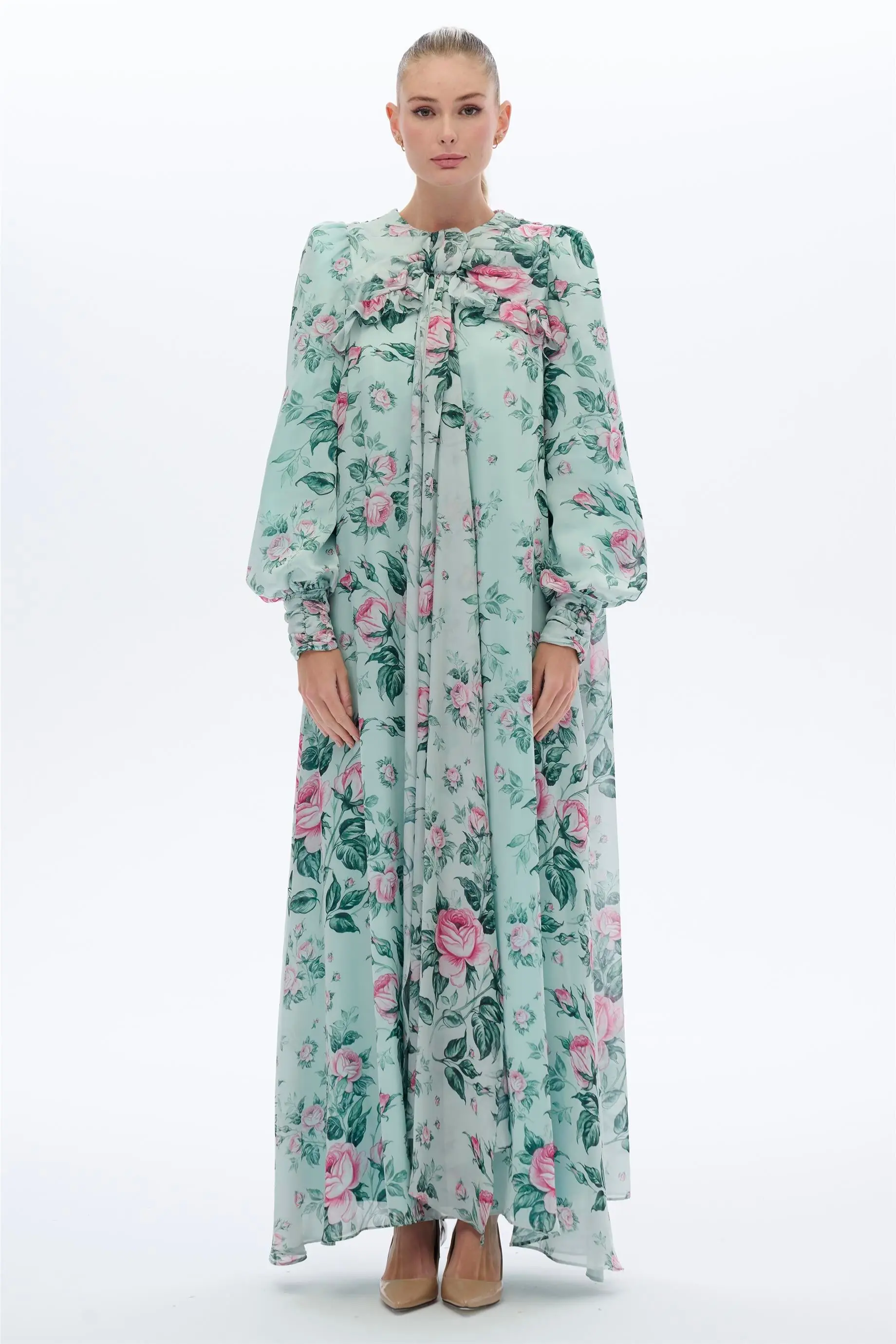 Cape Shoulder Rose Print Dress in Mint