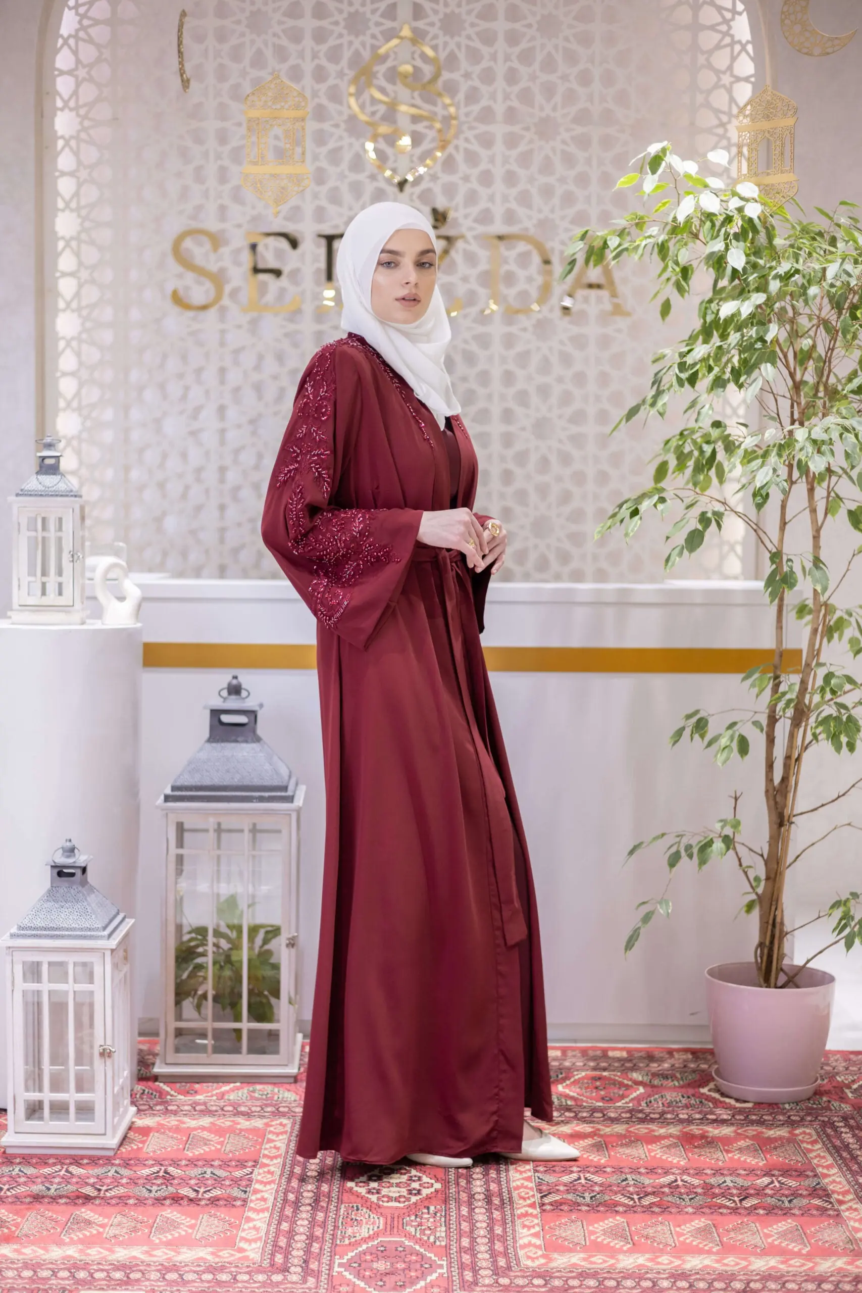 Crystal Veil Embellished Abaya – Red, photo 3