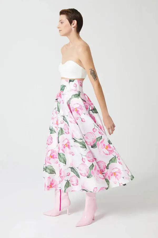 High-Waisted Corset-Panel Flared Skirt – Rose Patterned, photo 2