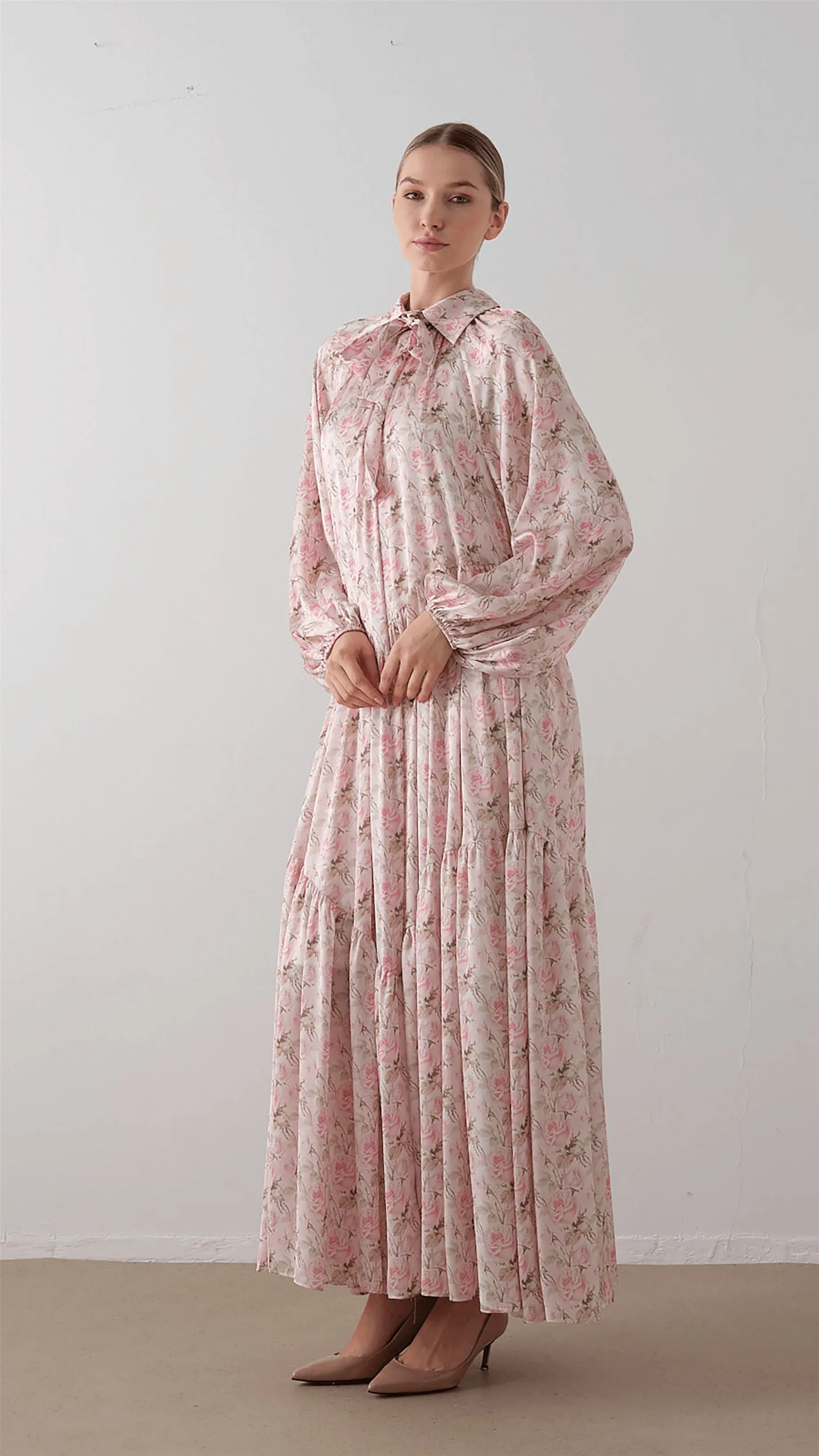 Bow Neck Chiffon Satin Dress – Soft Pink, photo 6