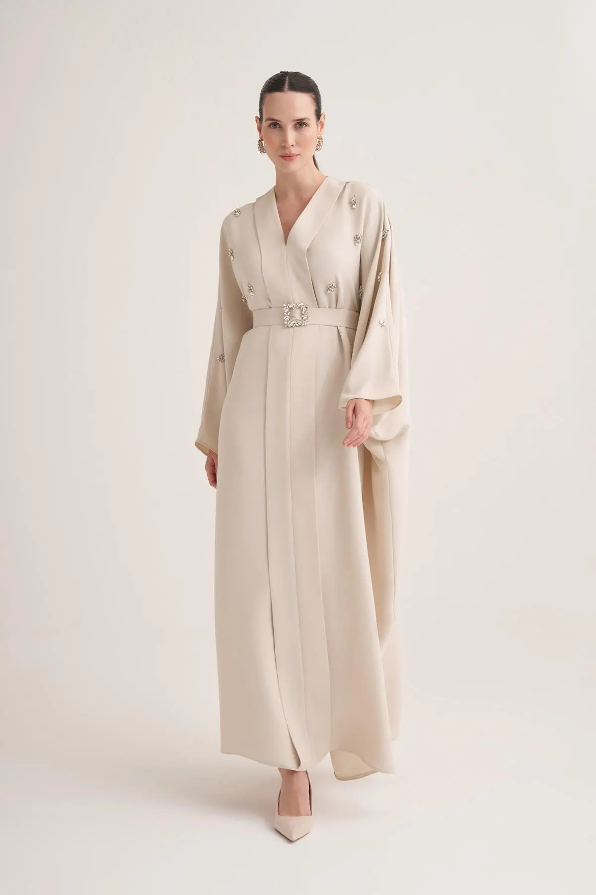Selena Embellished Belted Evening Kaftan – Beige