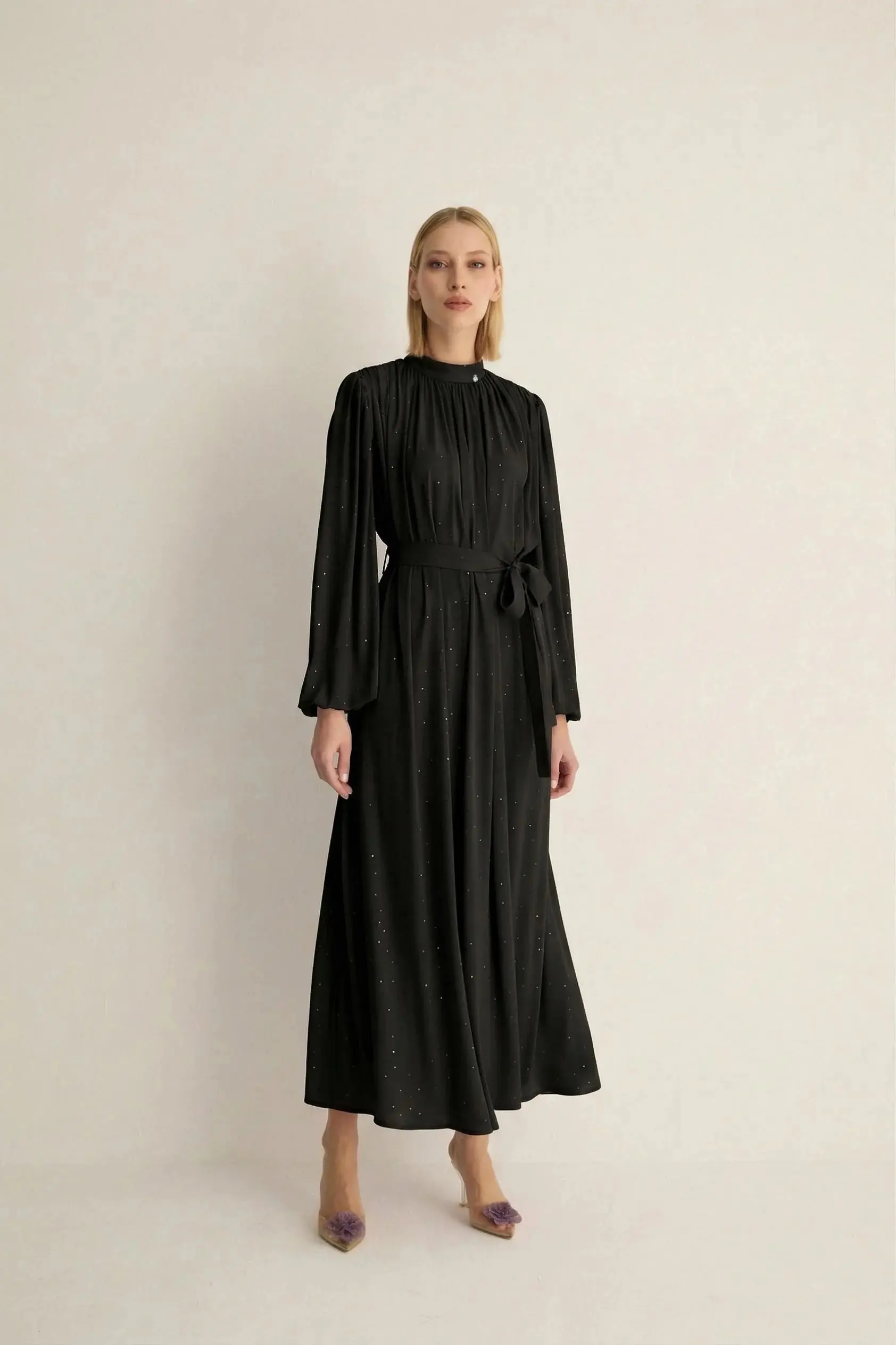 Veluna Embellished Pleated Dress – Black