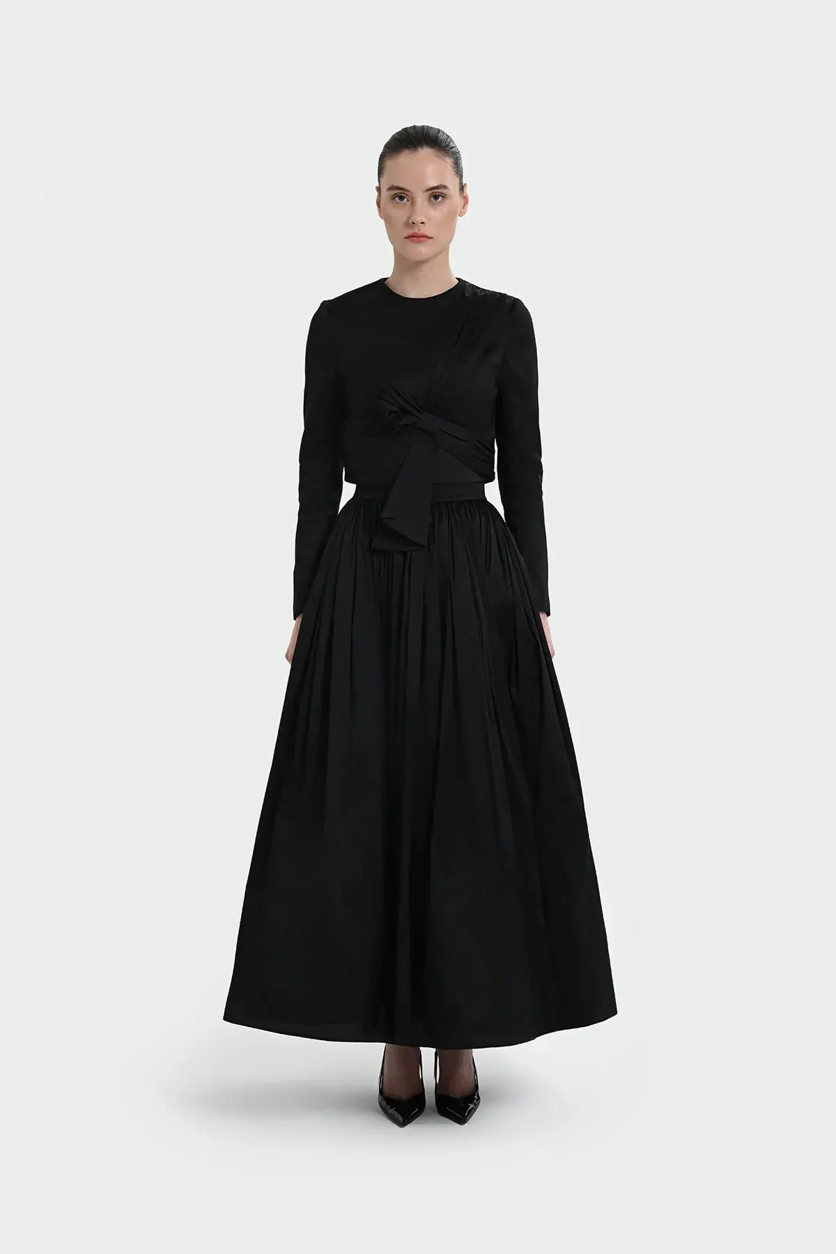 Long-Sleeve Dress with Front Tie Detail - Black