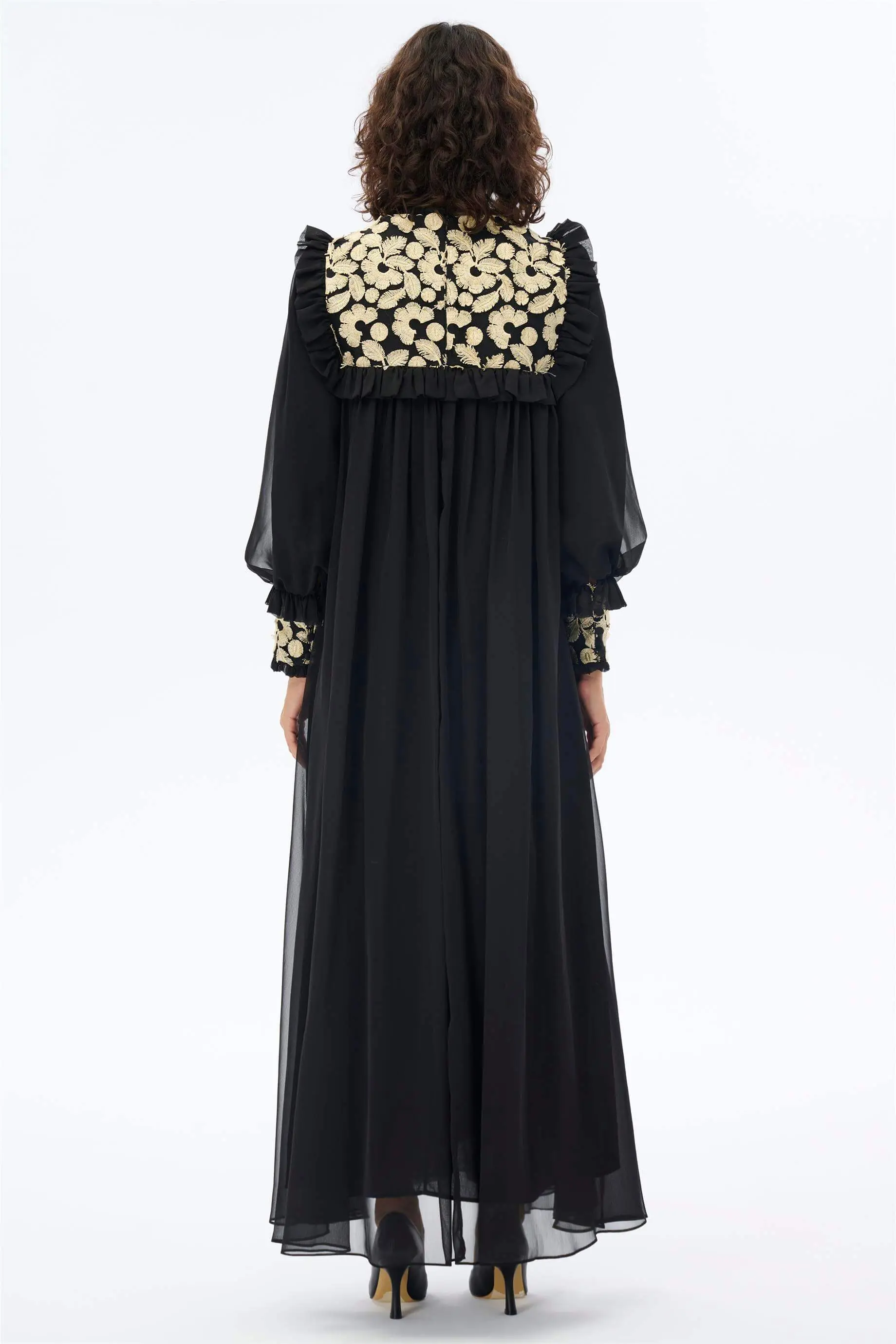 Embroidered Lace Yoke Chiffon Dress – Gold, photo 3