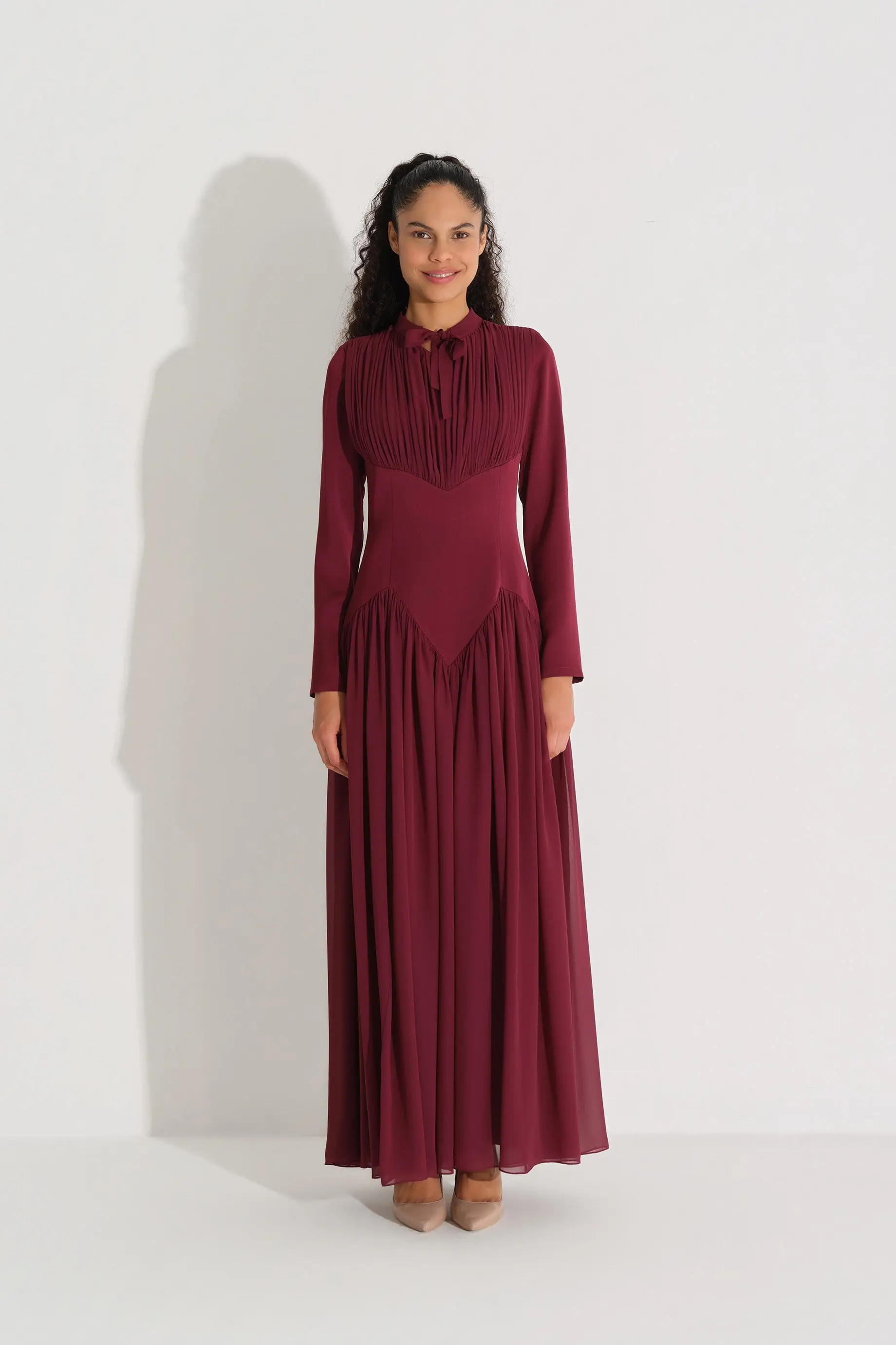 Bow-Neck Corset-Detail Chiffon Dress with Long Sleeves - Bordeaux