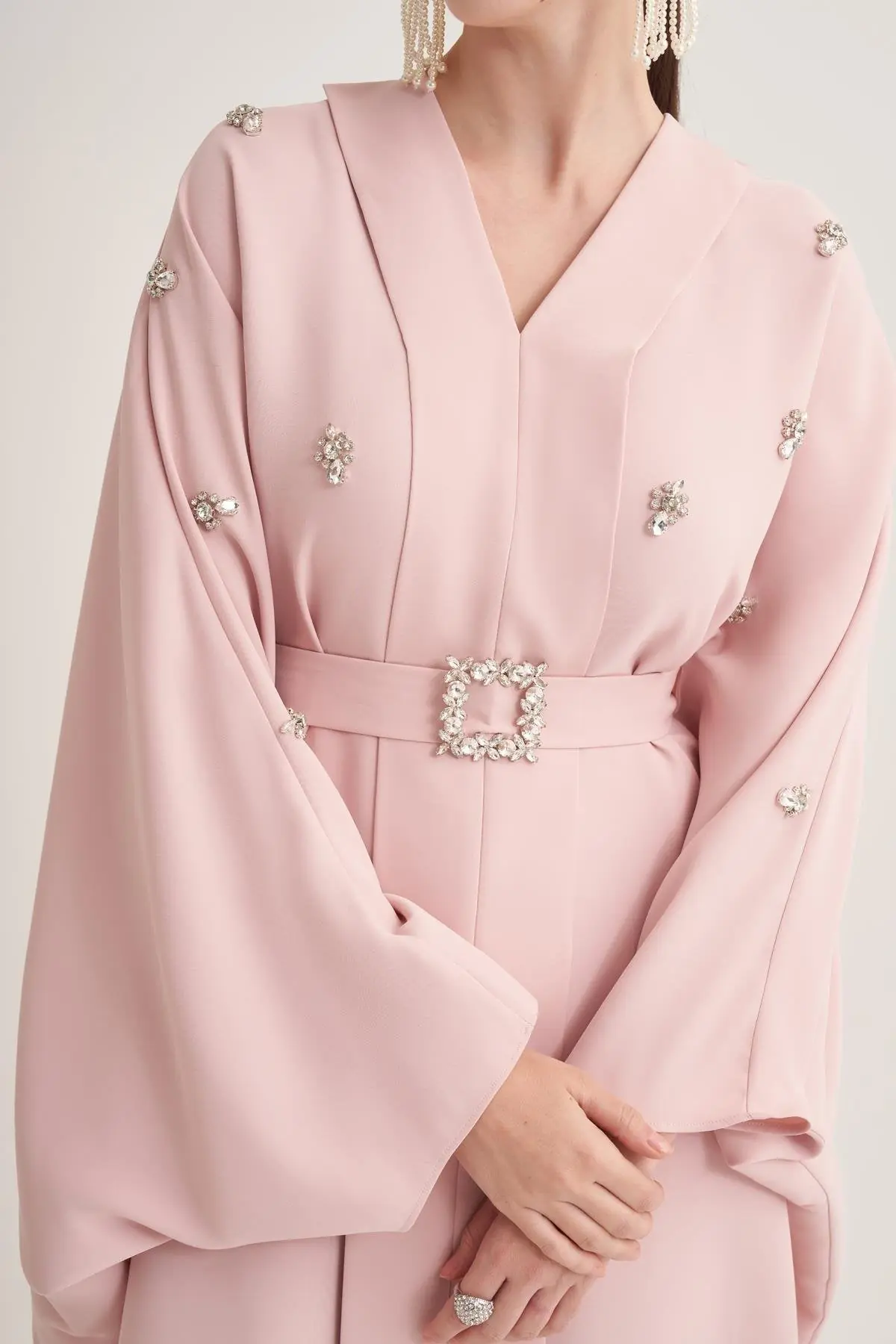 Selena Embellished Belted Evening Kaftan – Powder, photo 3
