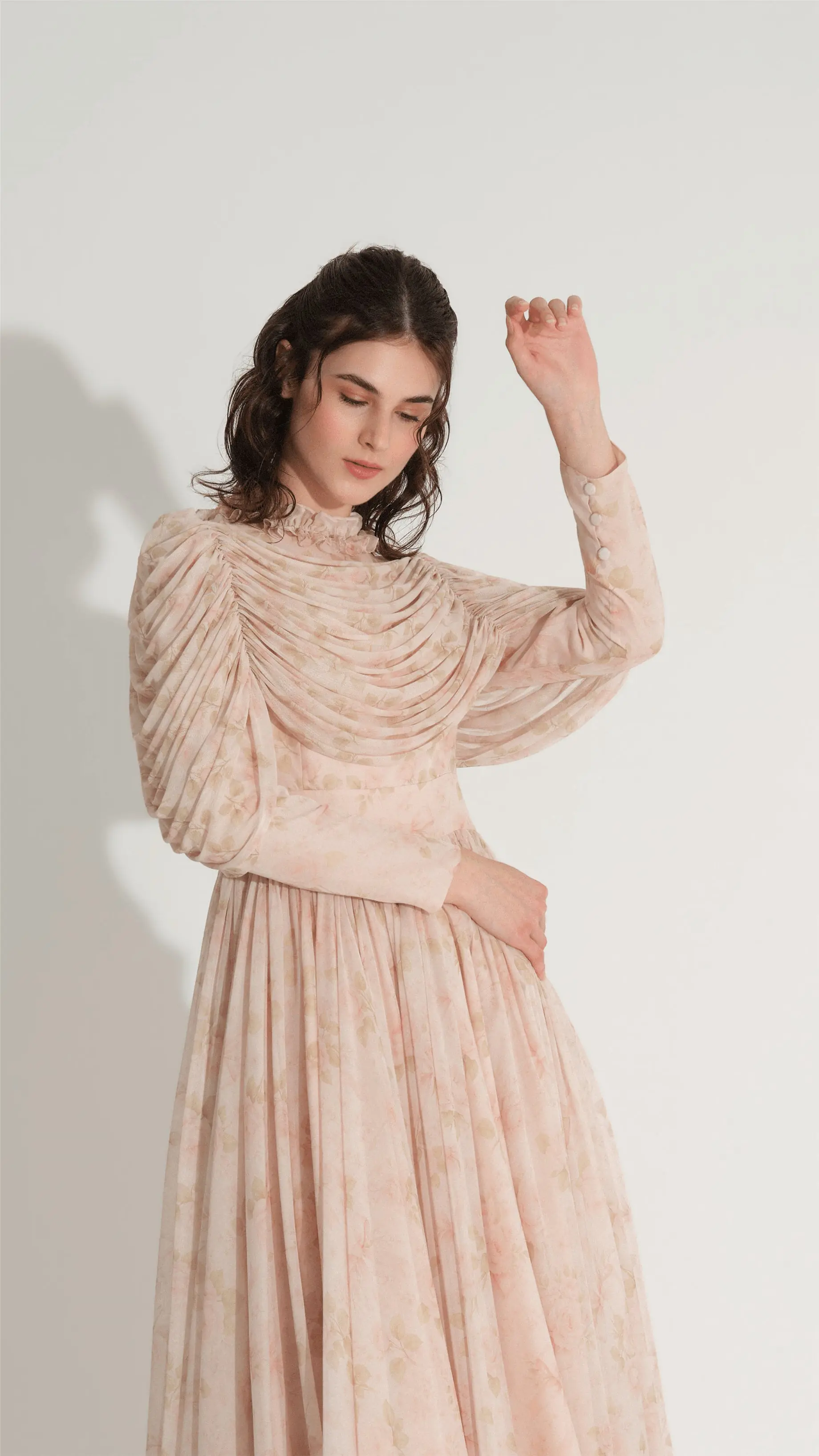 Sheer Tulle-Detail Chiffon Dress – Salmon, photo 3