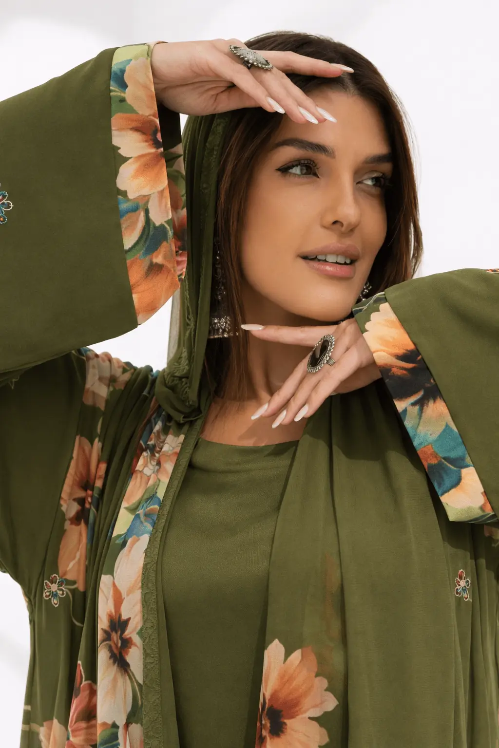 Kashmir Bloom Abaya – Olive Garden Floral Edition, photo 3