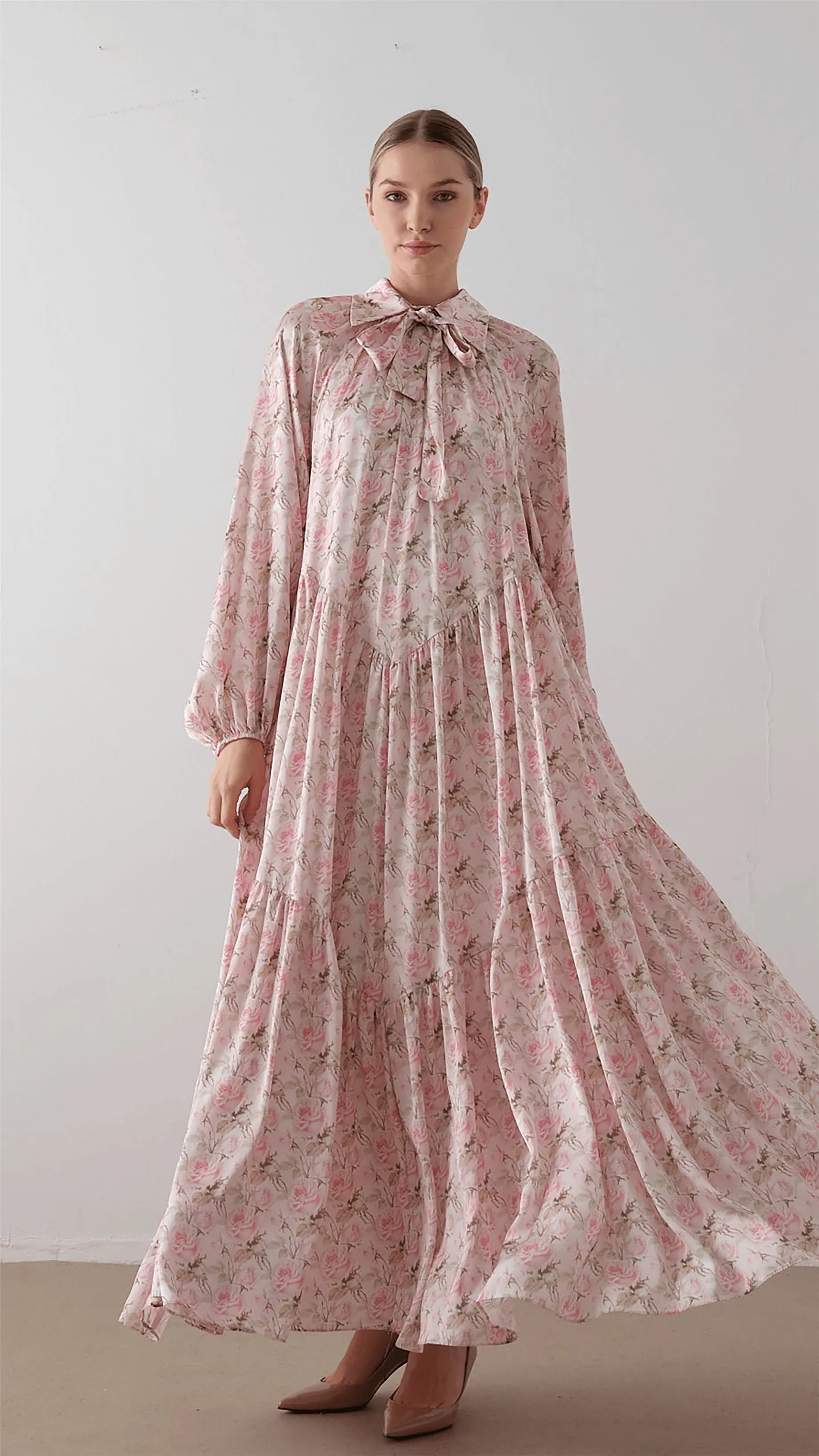 Bow Neck Chiffon Satin Dress – Soft Pink, photo 3