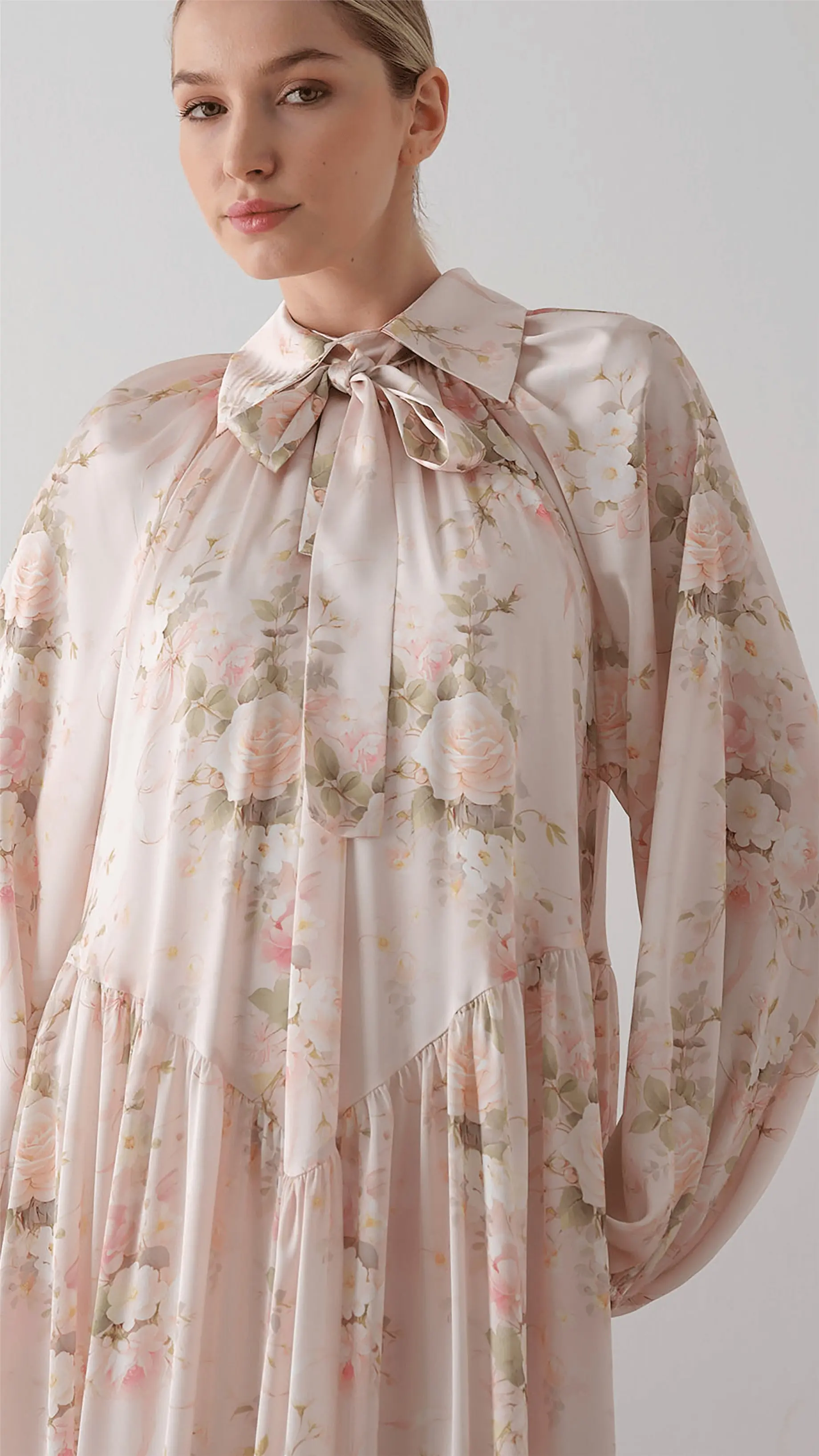 Bow Neck Chiffon Satin Dress – Pink, photo 2