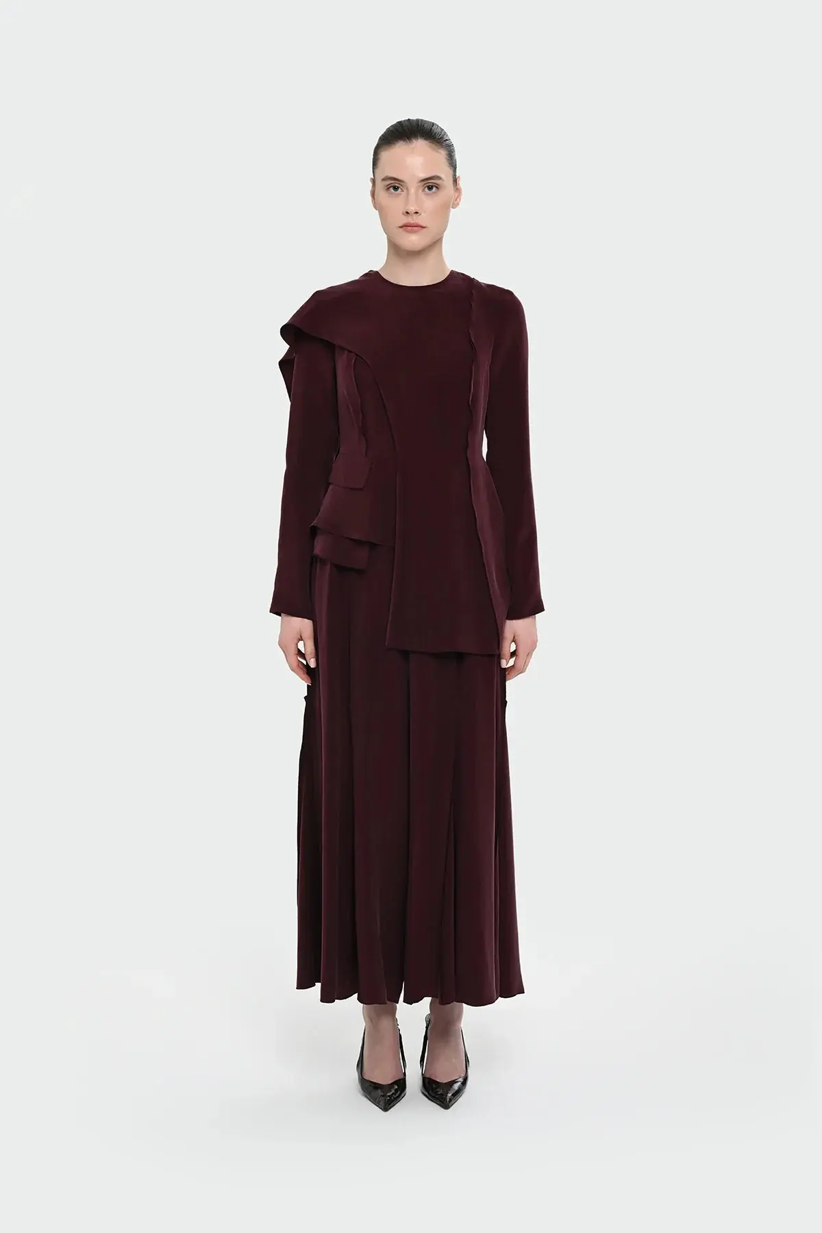Asymmetric Draped Blouse & Wide-Leg Trouser Set - Burgundy