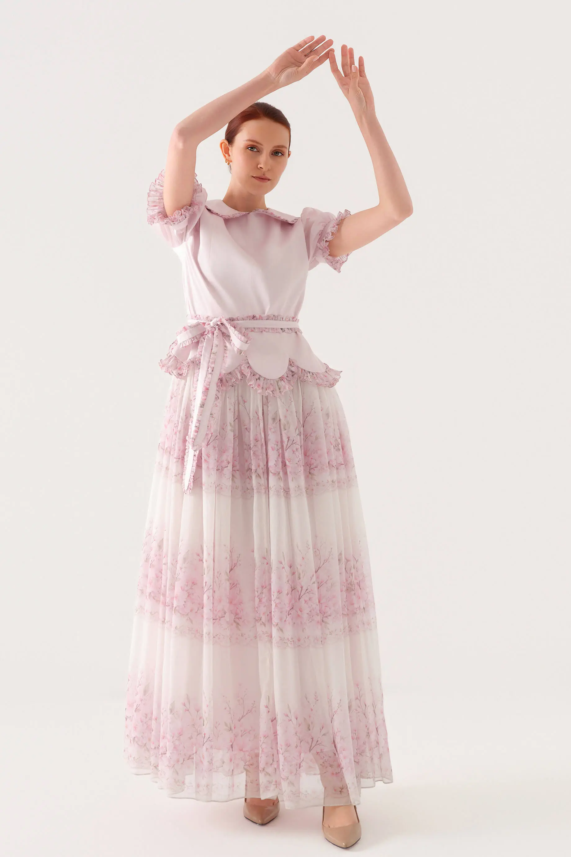 BEBE YAKALI KISA KOL ŞİFON GARNİ ELBİSE Pembe, photo 7