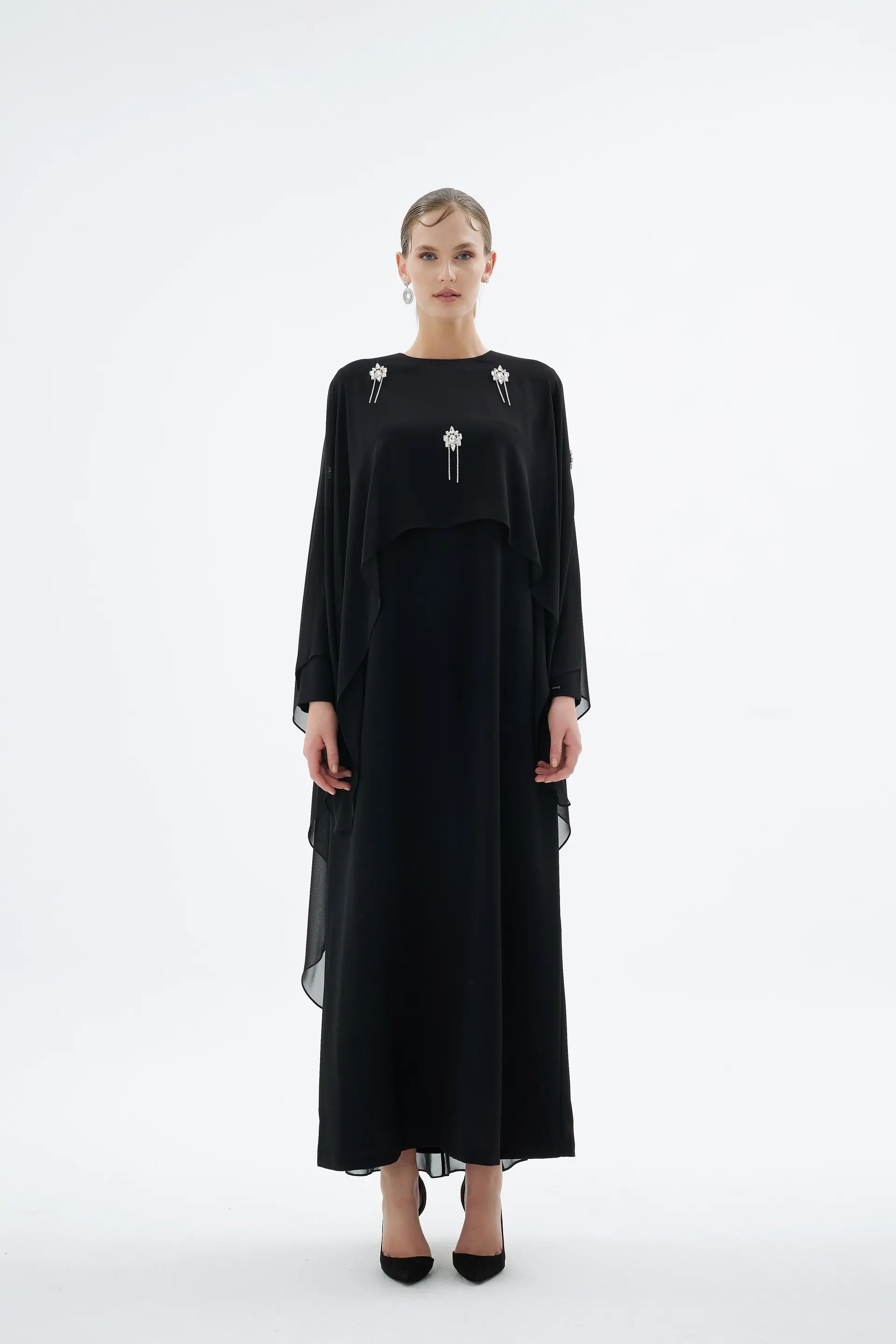 Alera Embellished Cape Dress – Black