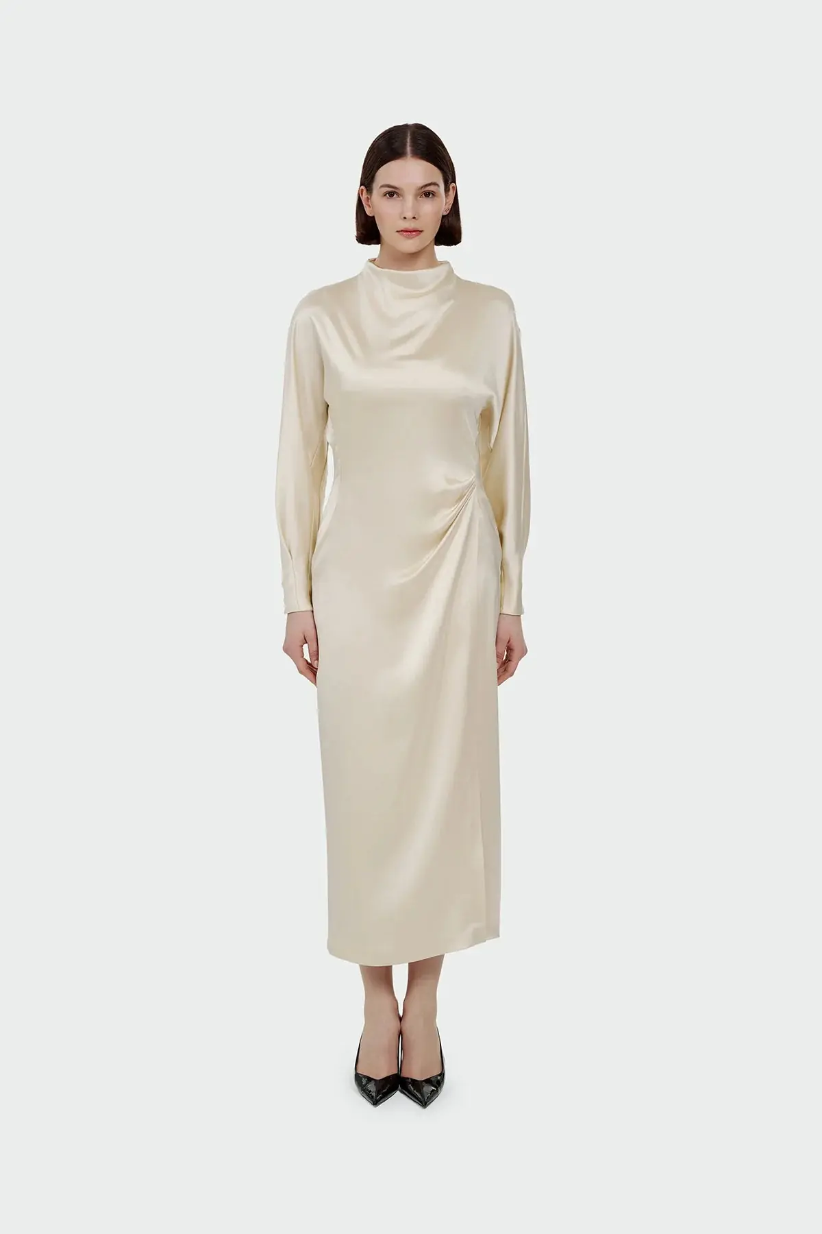 Ruched Waist Satin Midi Dress - Cream