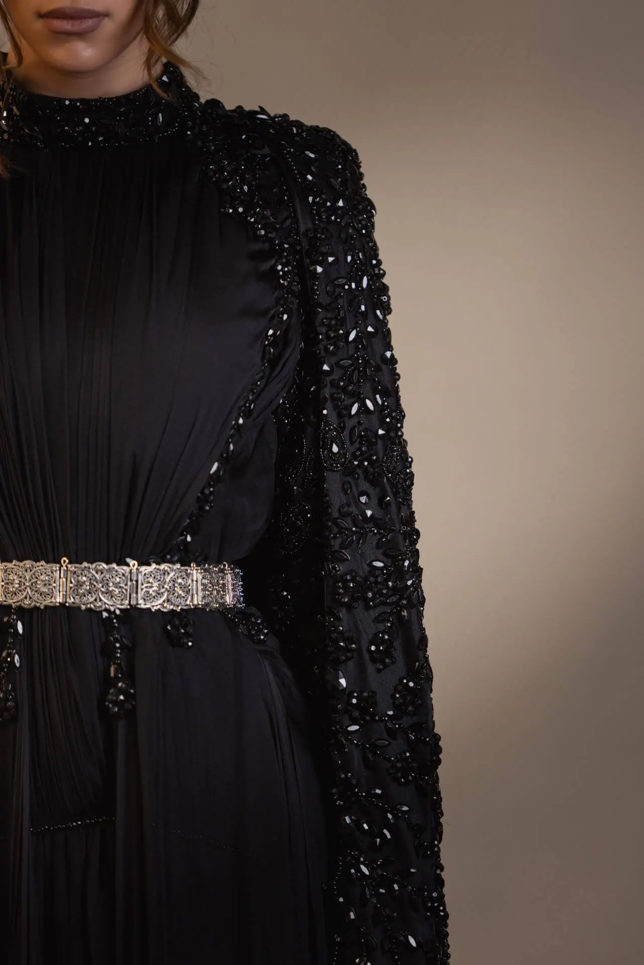 Moonlit Gem Embellished Silk Gown – Black, photo 5