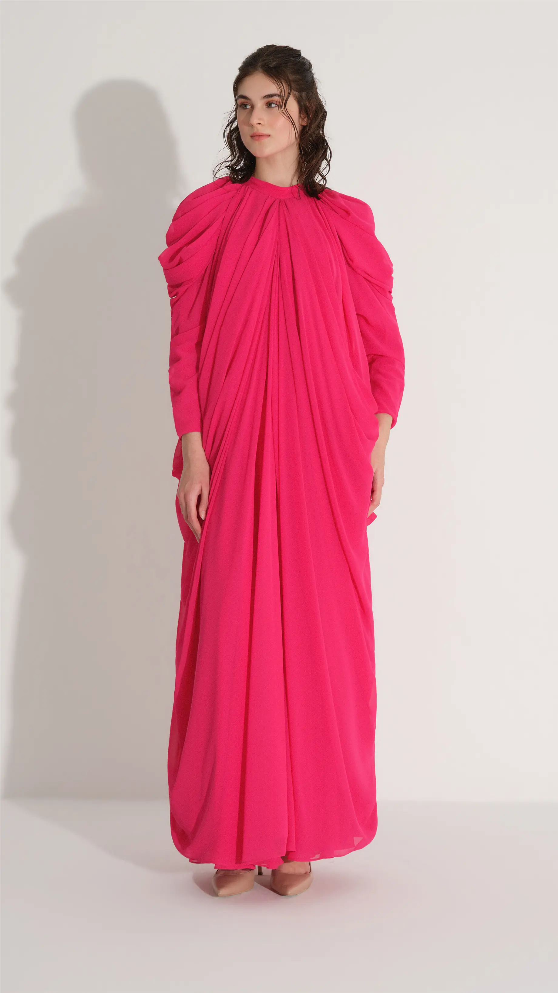 Gathered Side & Sleeve Detail Chiffon Dress – Fuchsia, photo 3
