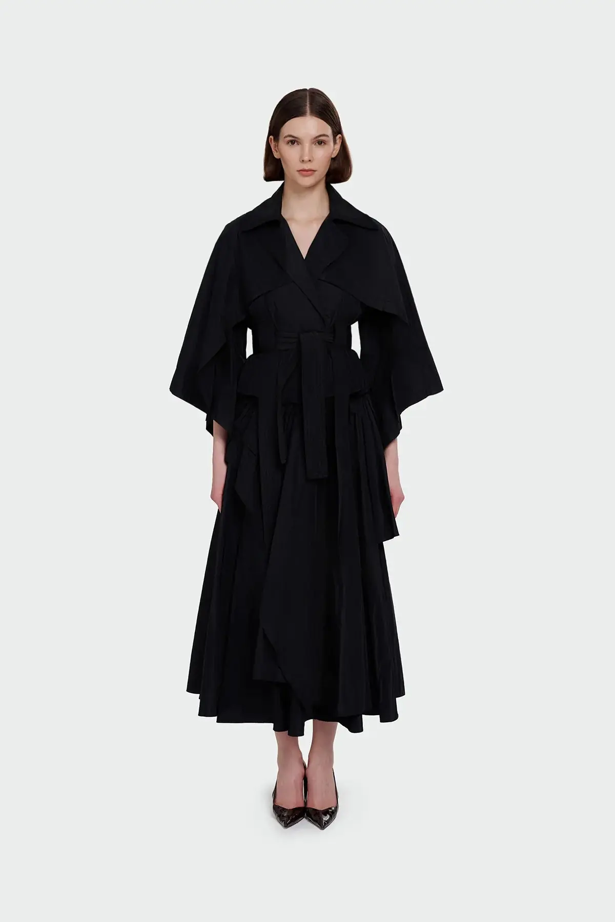Layered Sleeve Tie-Waist Jacket - Black