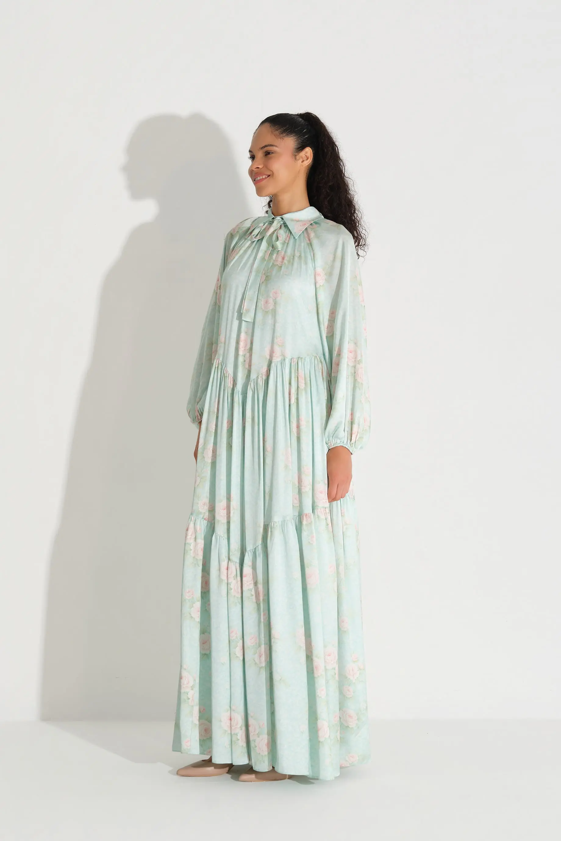 Bow-Neck Floral Chiffon Satin Dress – Green, photo 4