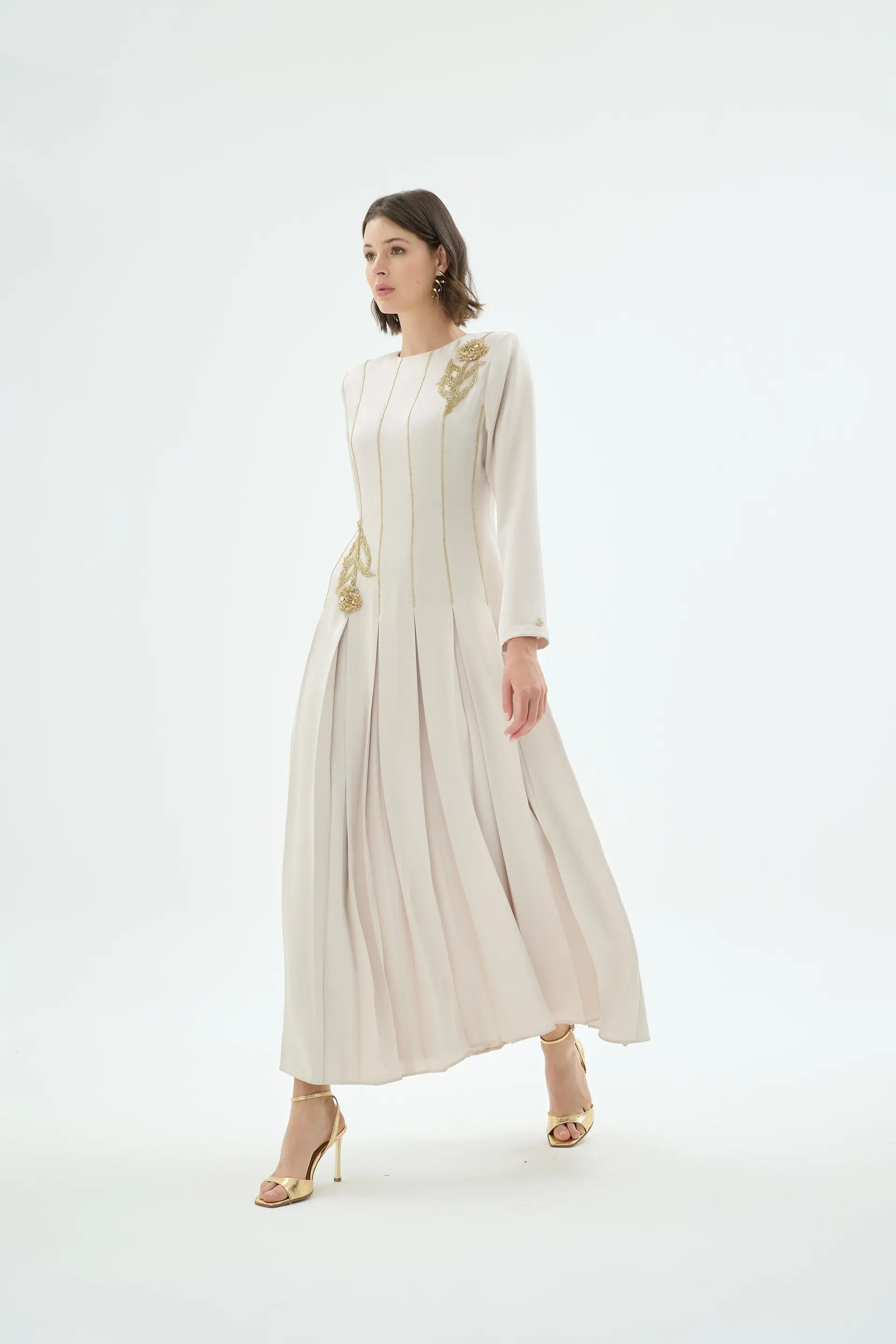 Mia Embroidered Pleated Evening Dress – Stone, photo 4