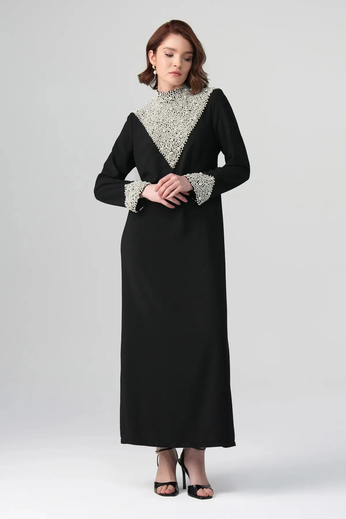 Celina Pearl-Embellished Satin Dress – Black, photo 3
