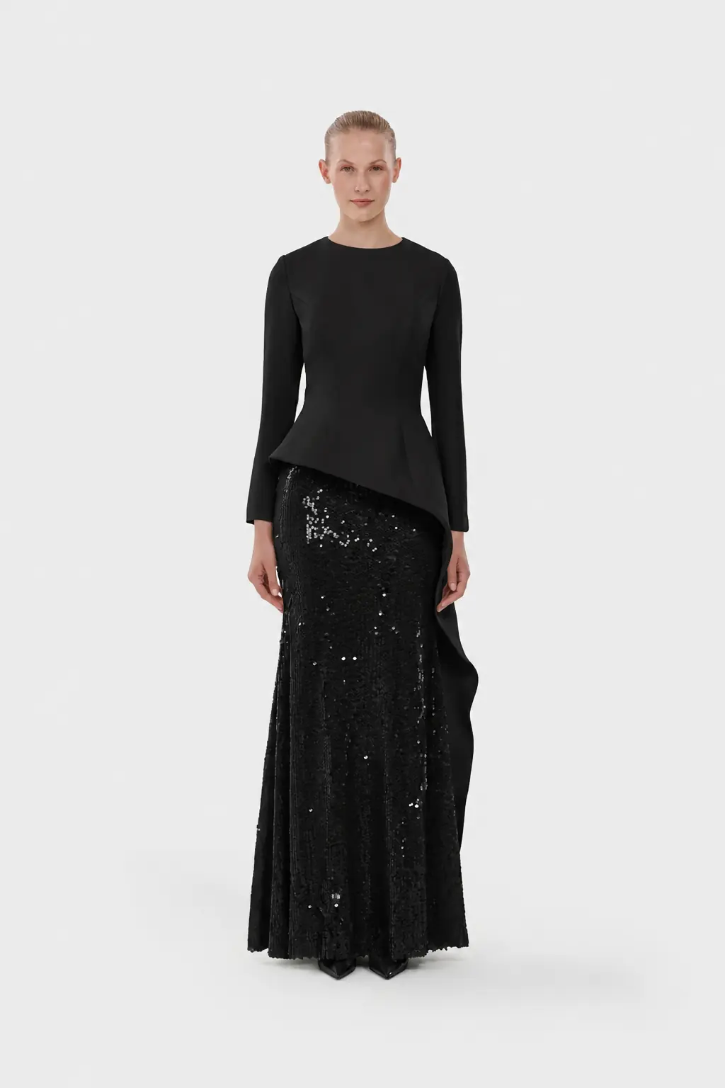 Long-Sleeve Asymmetric Sequin Evening Set - Black