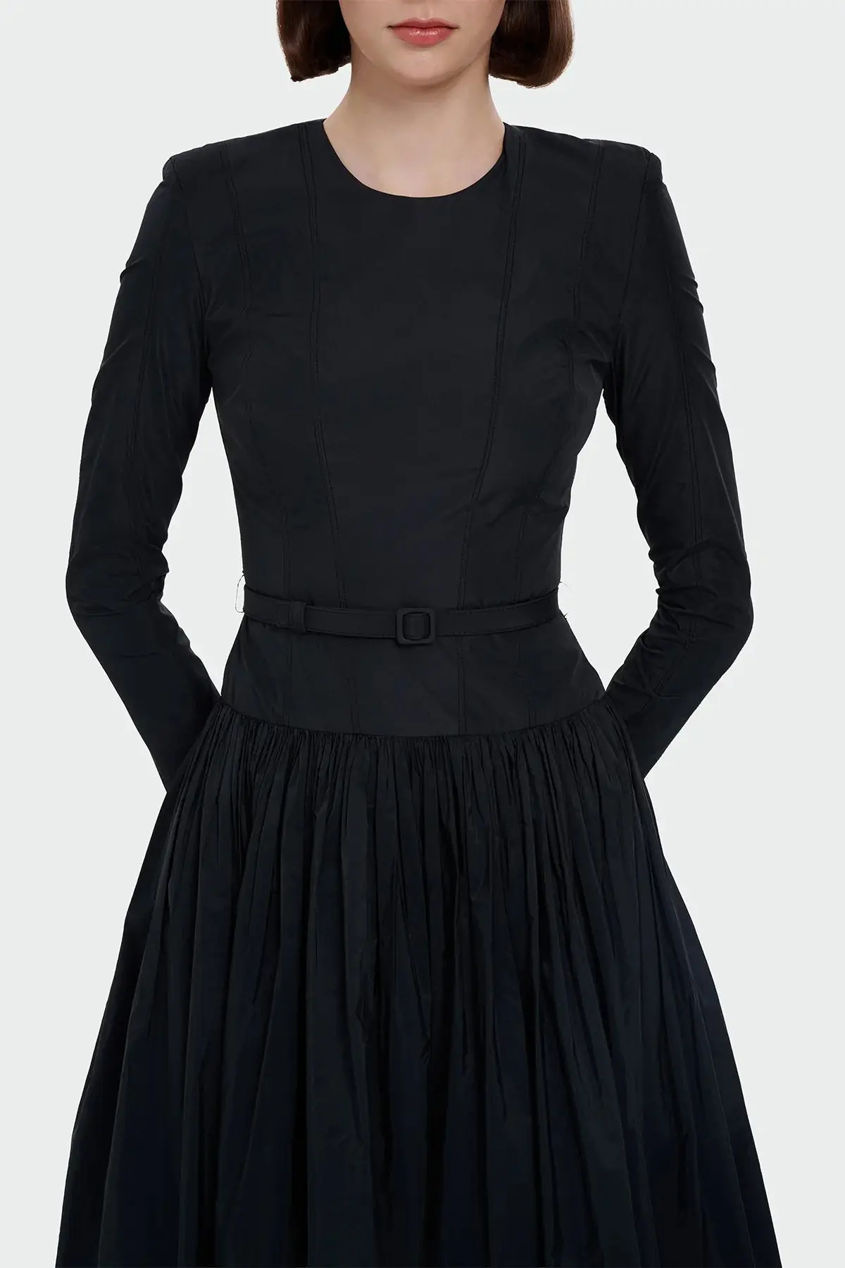 Long-Sleeved Evening Dress with Belt Detail - Black, photo 2