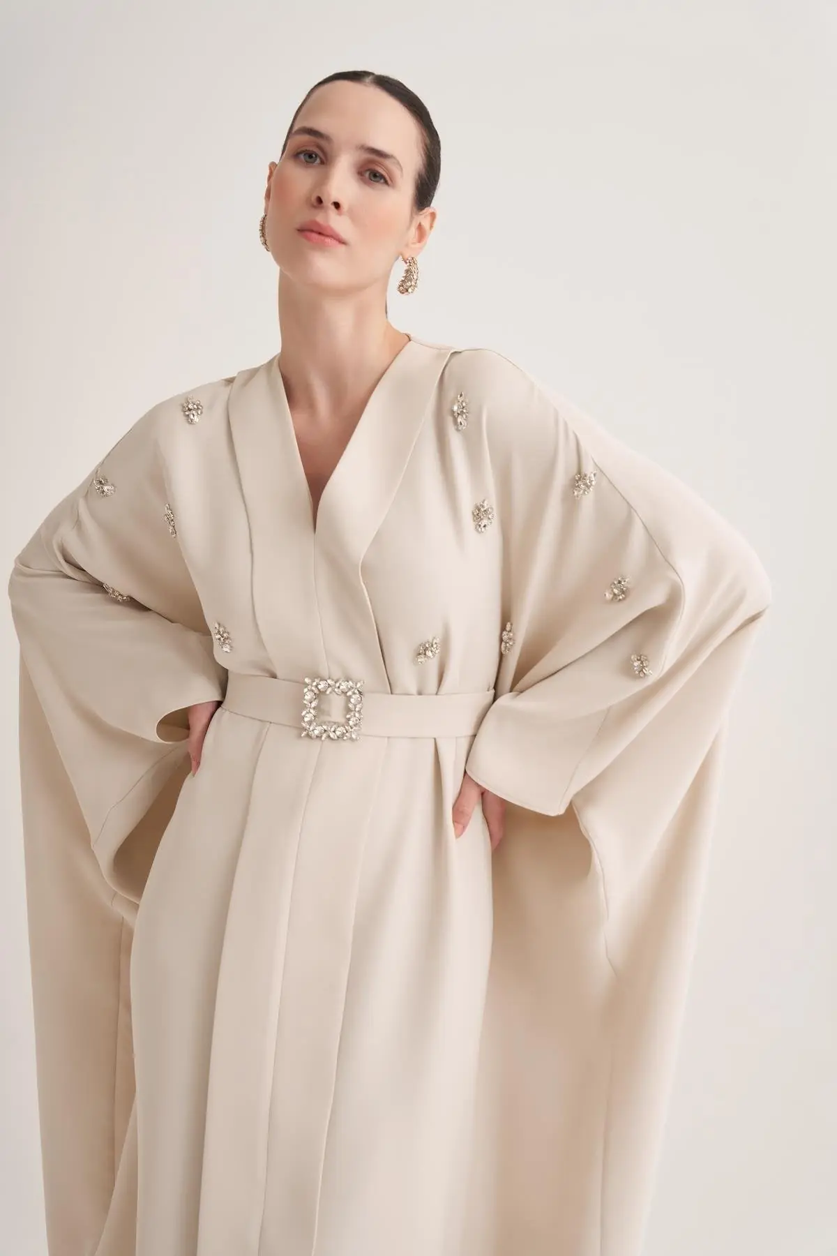 Selena Embellished Belted Evening Kaftan – Beige, photo 2