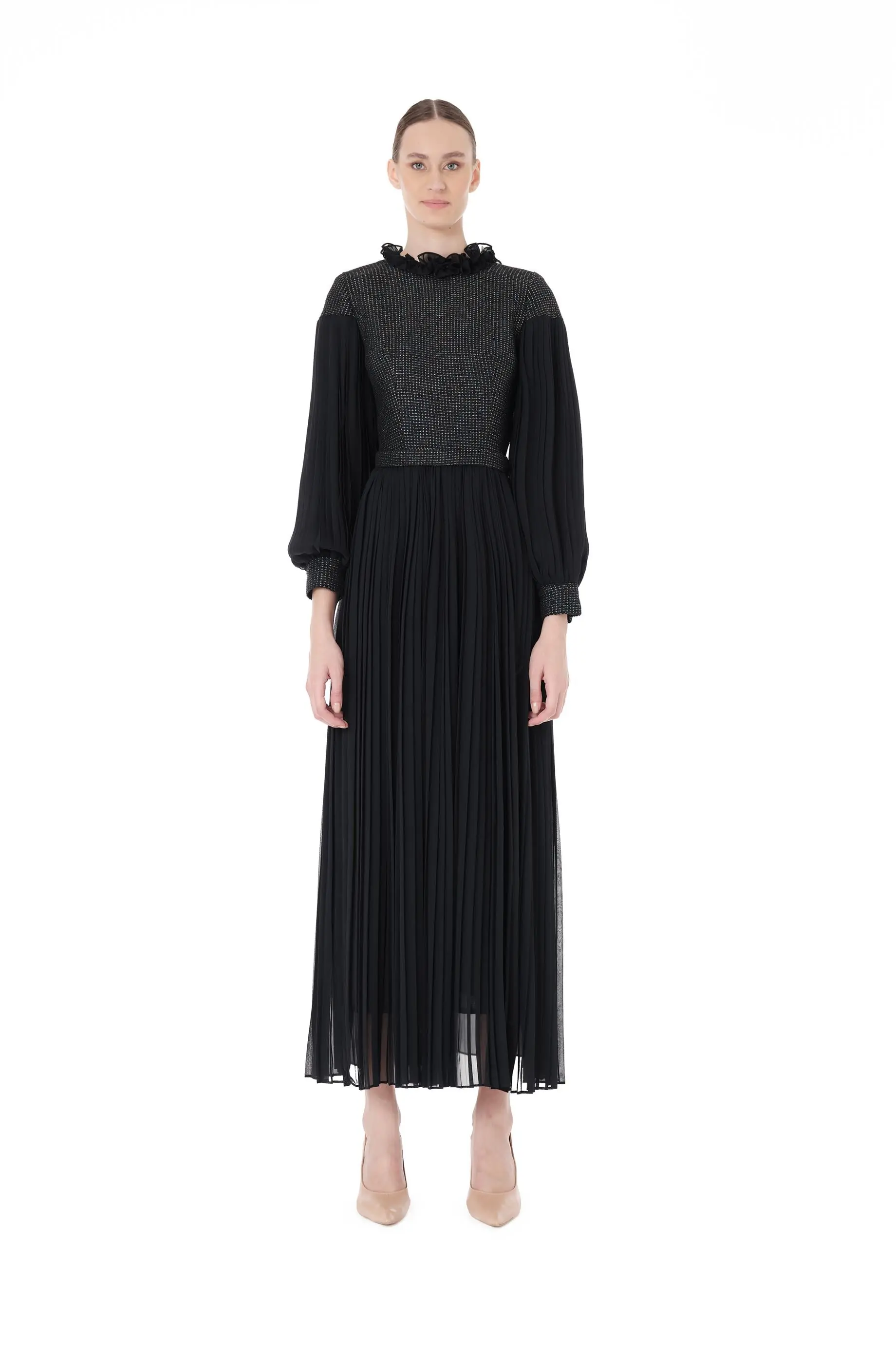 Glitter Tweed-Trim Pleated Long Dress – Navy