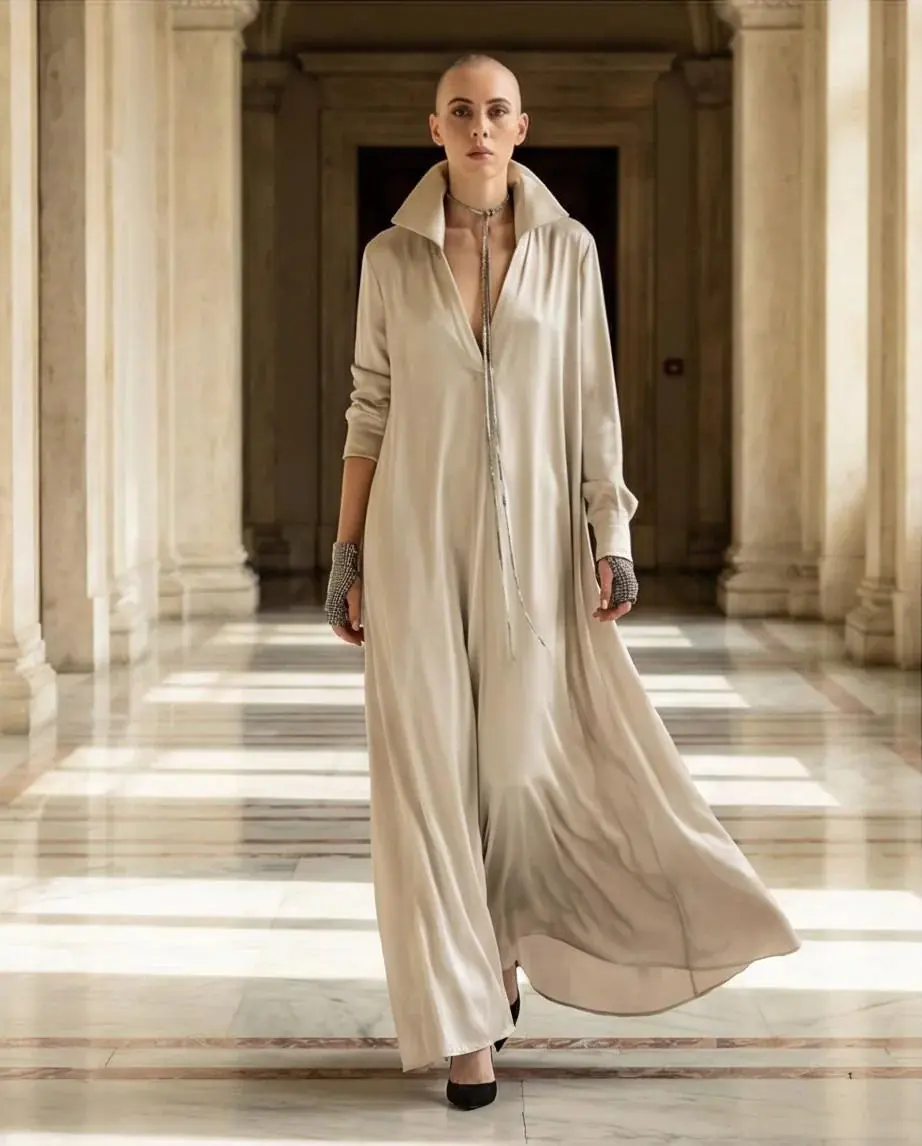 Marika Transformable-Collar Maxi Dress – Beige