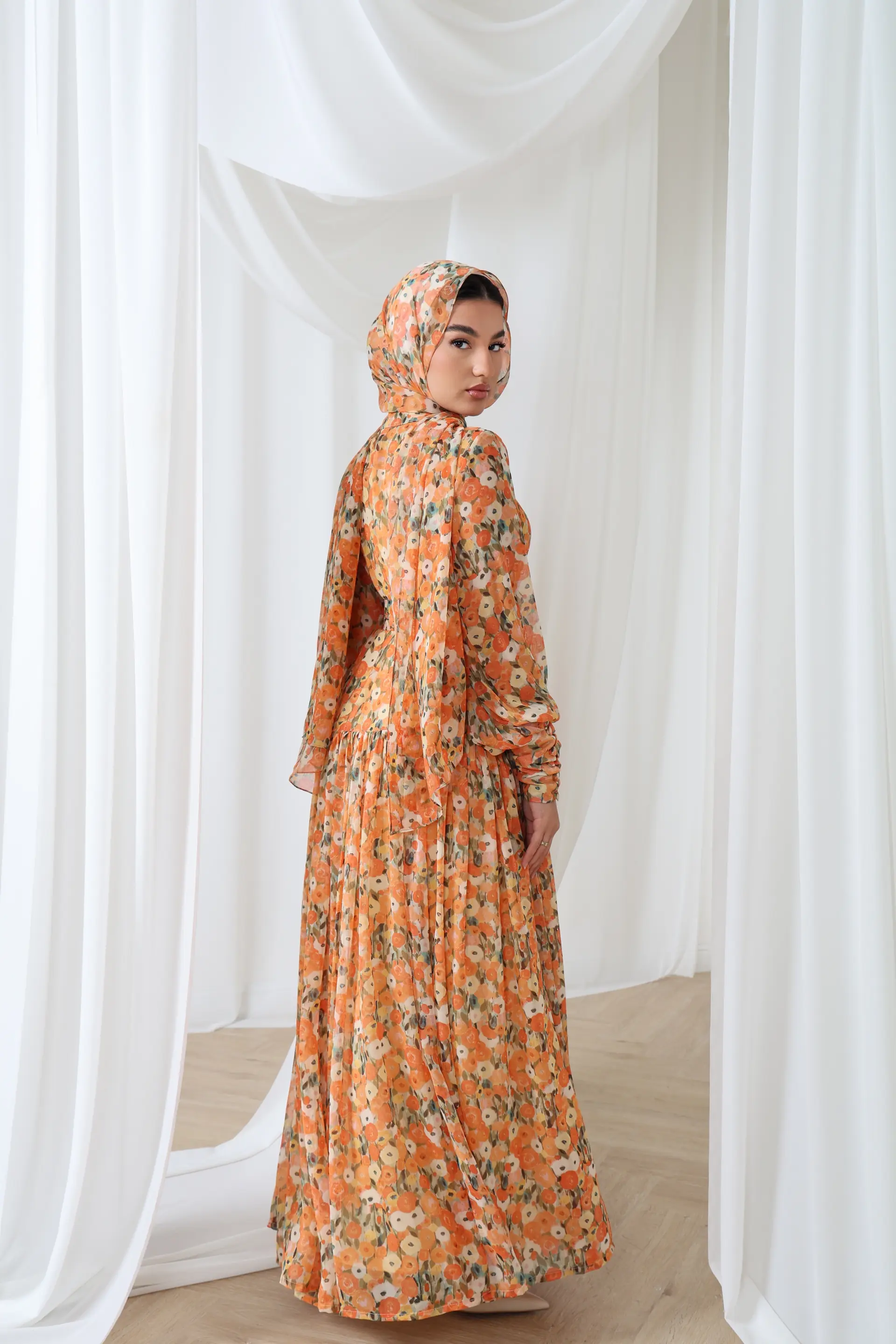 Fall – Floral Chiffon Maxi Dress with Scarf | Modest Luxury