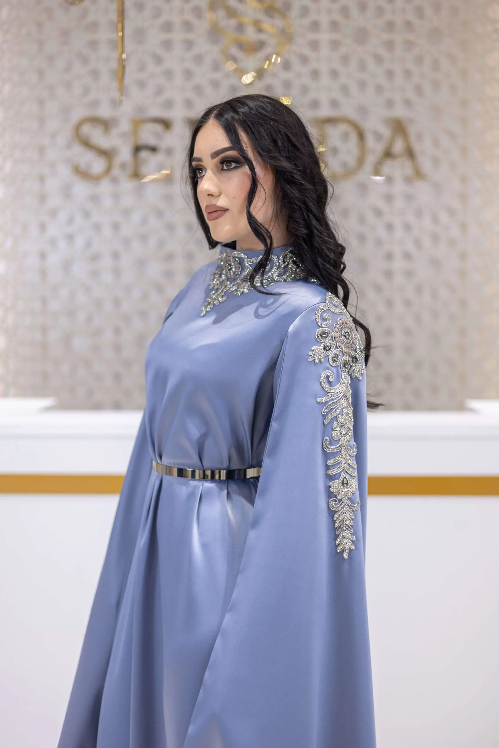 Diamond Aura Embellished Satin Gown – Blue, photo 3