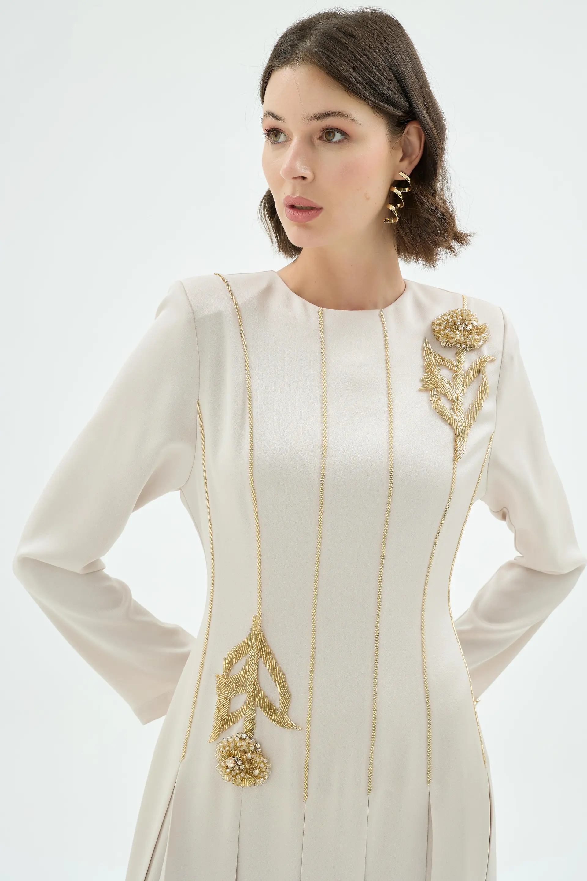 Mia Embroidered Pleated Evening Dress – Stone, photo 2
