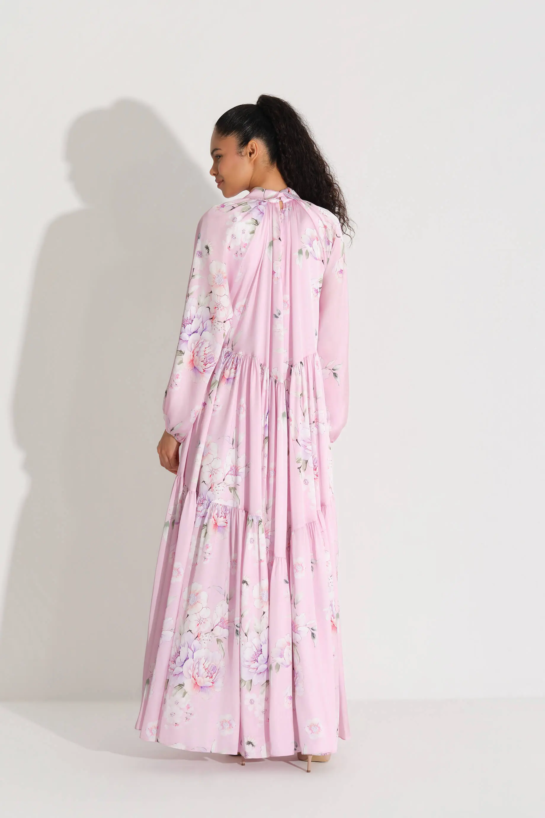 YAKASI FİYONKLU ŞİFON SATEN ELBİSE K. PEMBE, photo 5