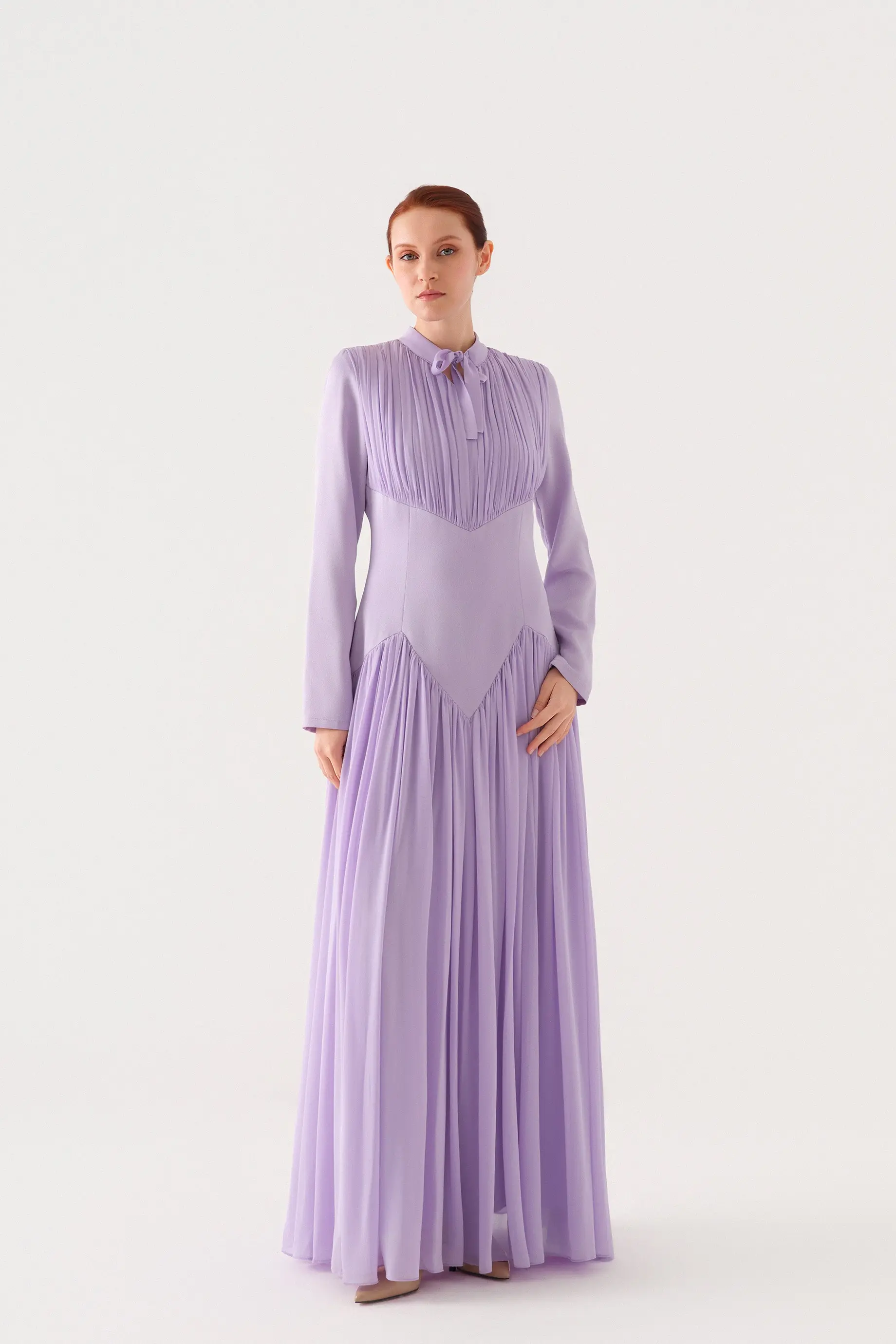 Bow-Neck Corset-Waist Crepe Maxi Dress – Lilac