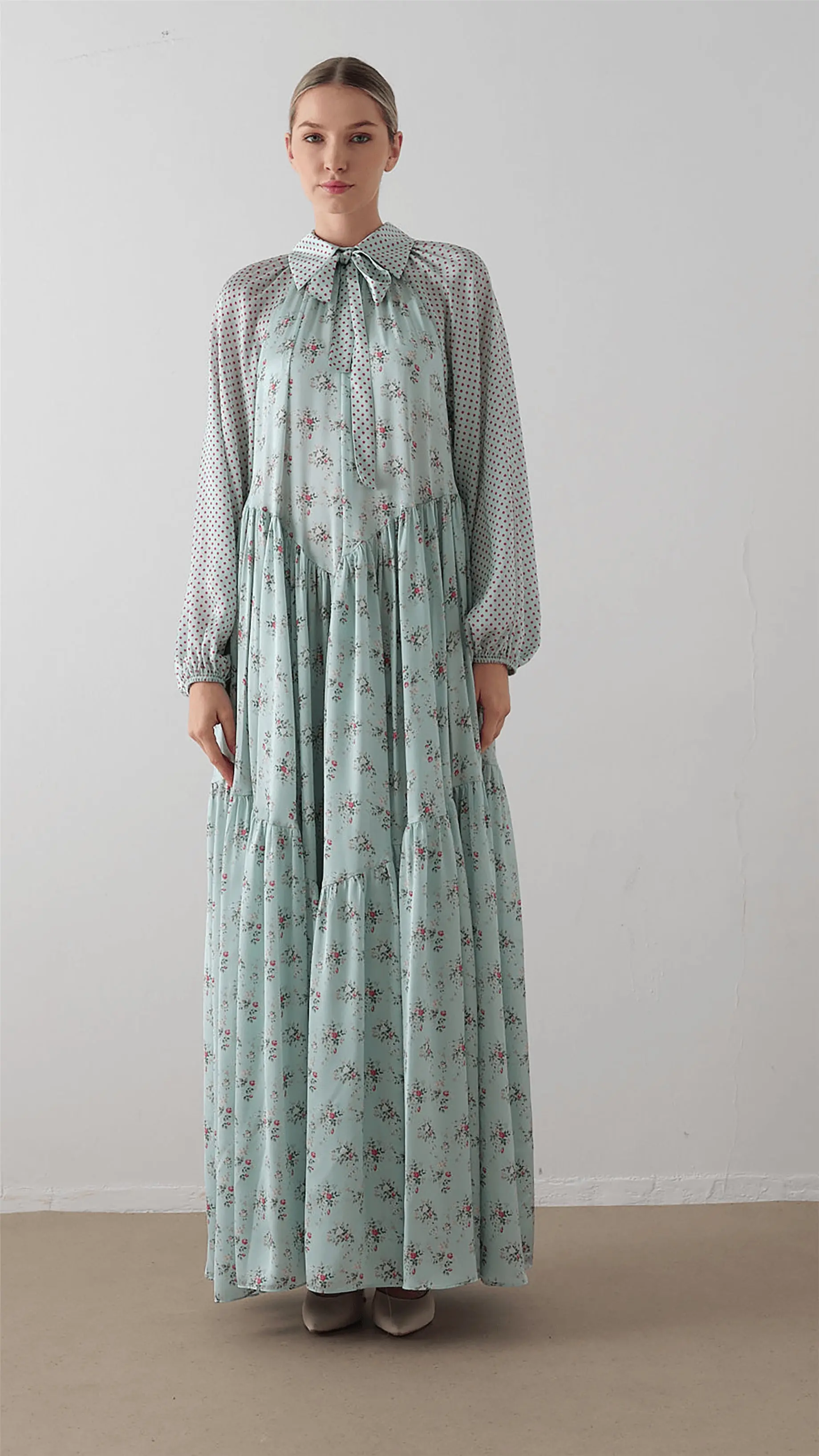 Bow Neck Chiffon Satin Dress – Mint