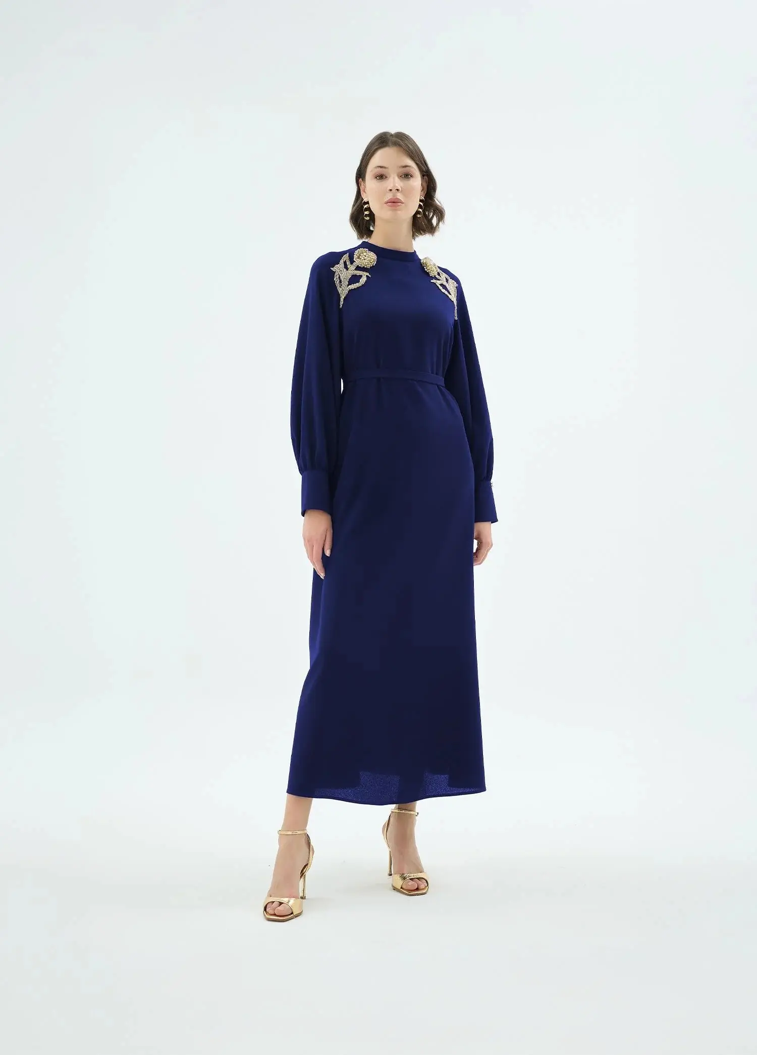 Rose Embellished Shoulder Dress – Navy