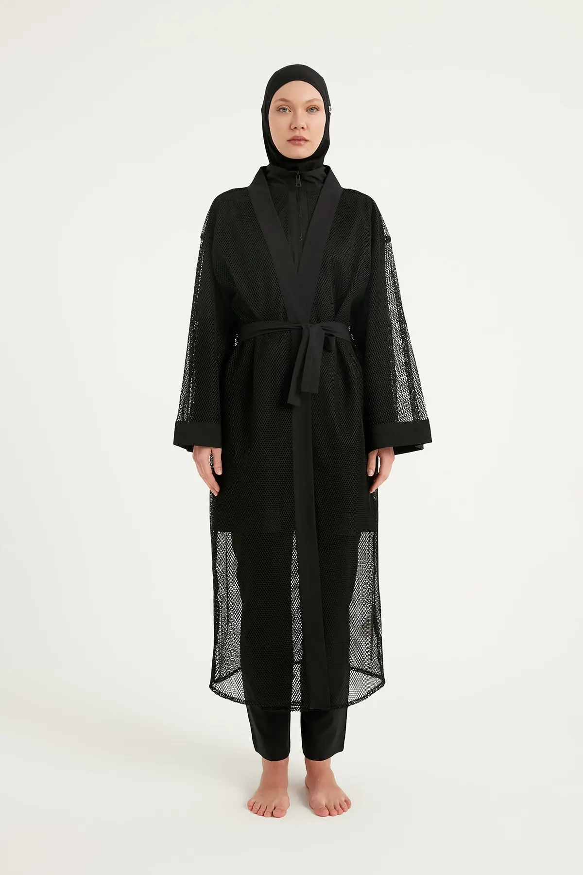 Black Full Coverage Mesh Kimono – Lightweight Islamic Beach Cover-Up P2501-1, photo 2