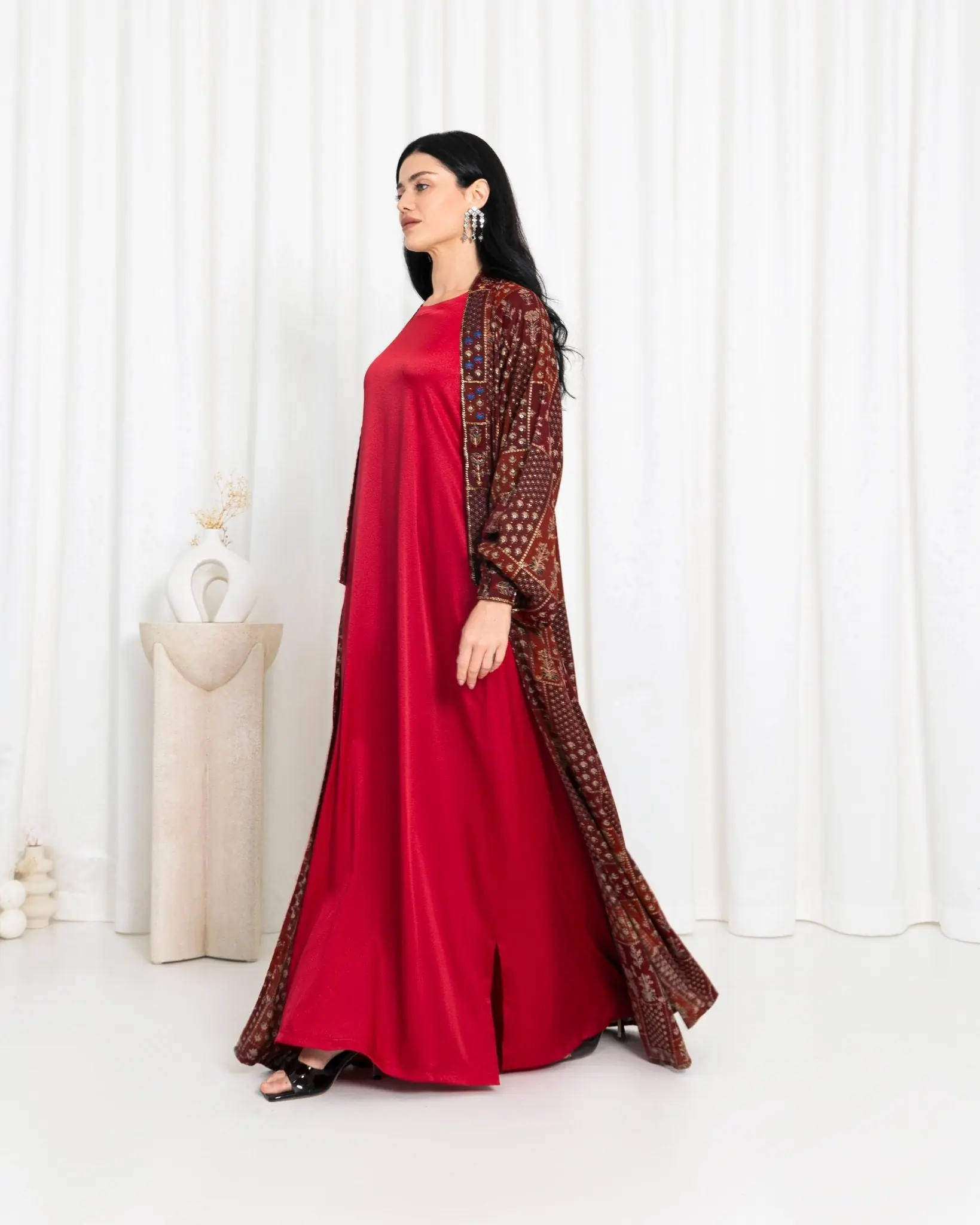 Maroon Floral Check Kimono Abaya, photo 7