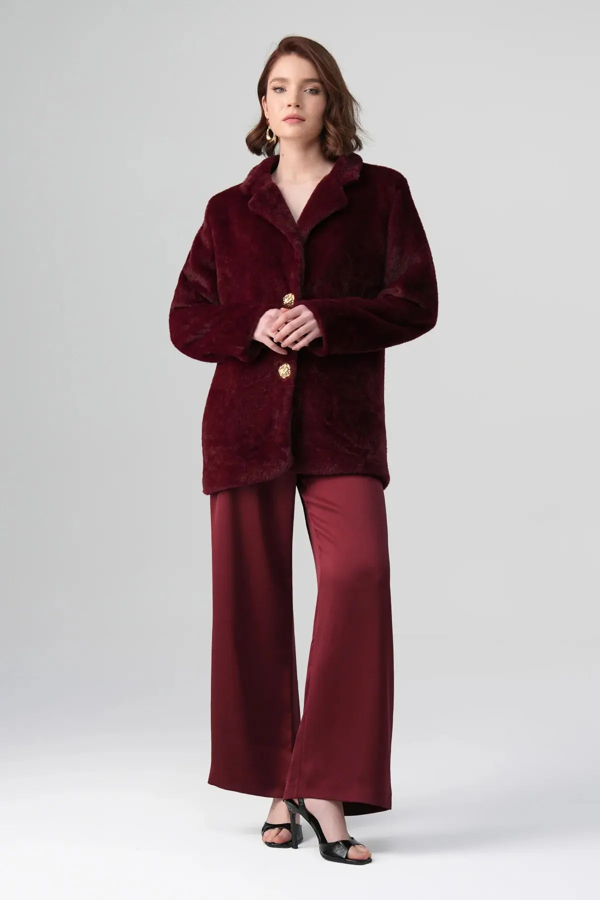 Marcel Evening Faux Fur Coat – Burgundy, photo 6