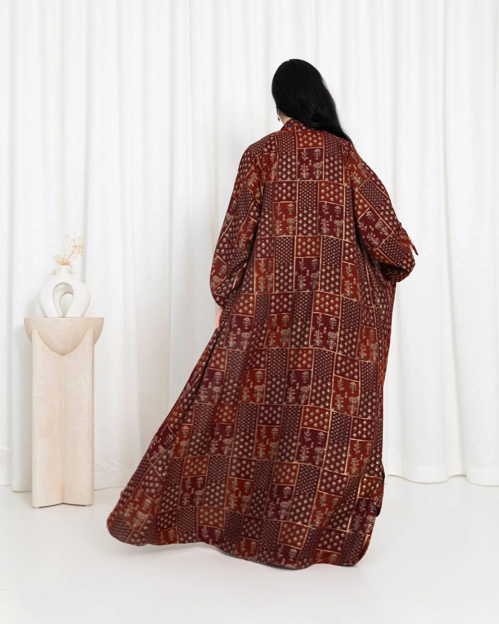 Maroon Floral Check Kimono Abaya, photo 8