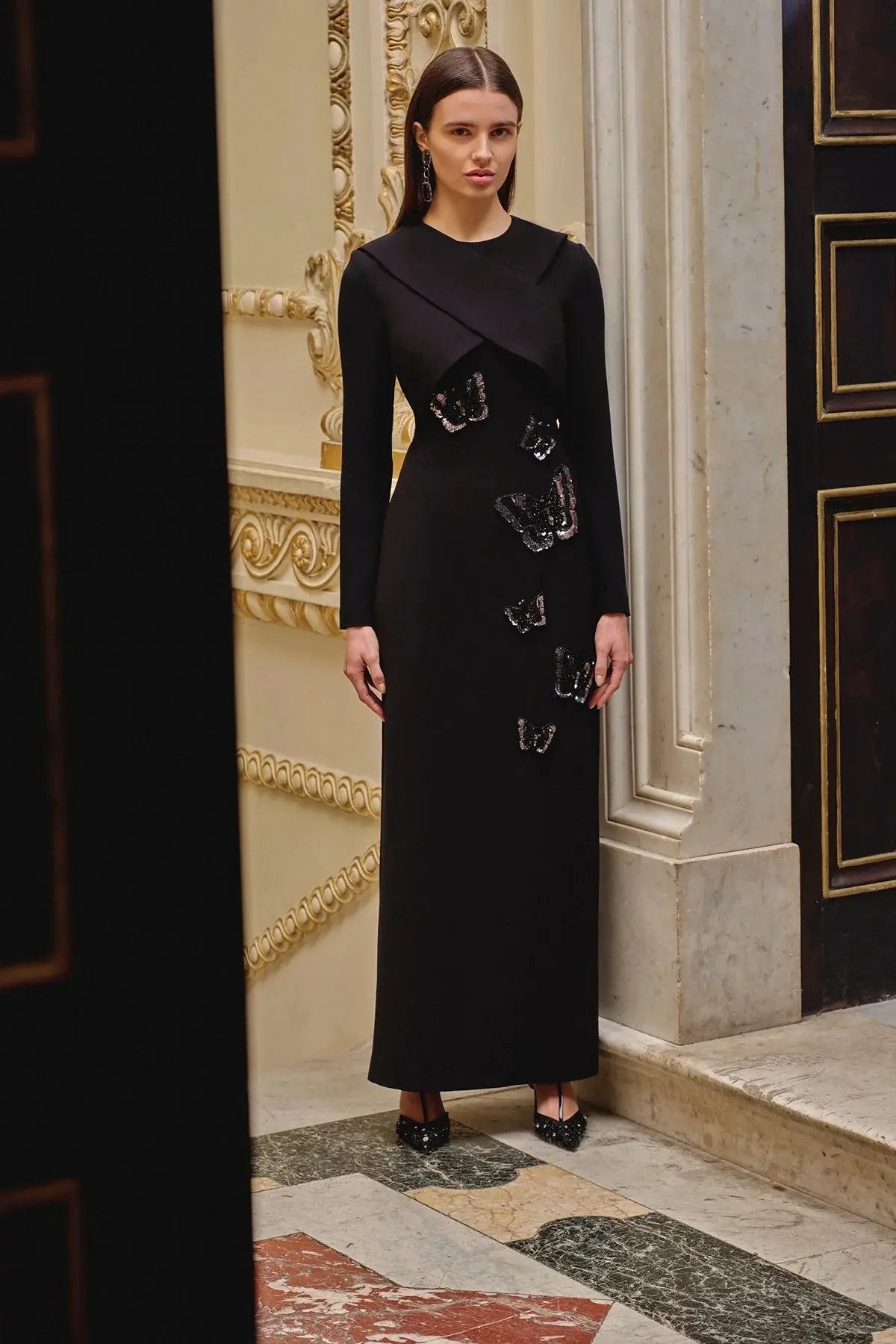 Embroidered Long-Sleeve Evening Dress – Black, photo 4