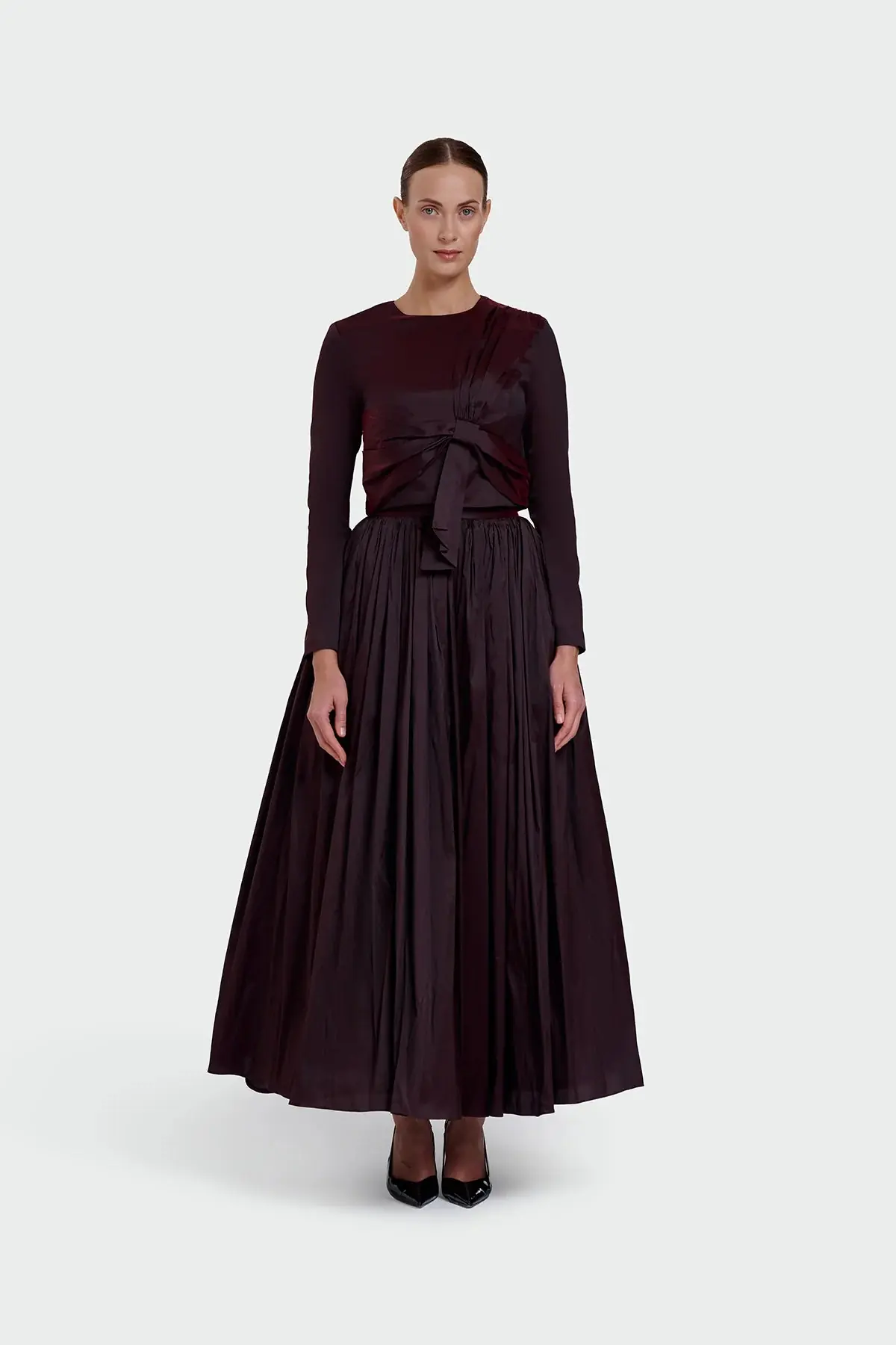 Long-Sleeve Dress with Front Tie Detail - Cherry