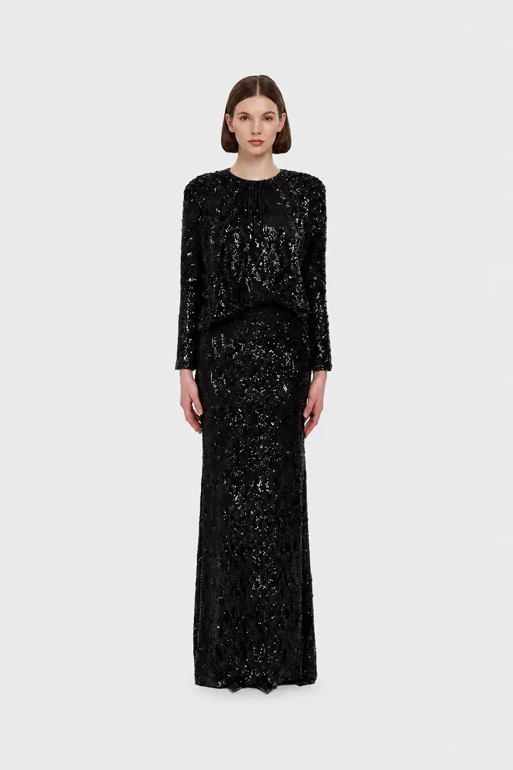 Sequin Long-Sleeve Formal Set with Draped Detail - Black