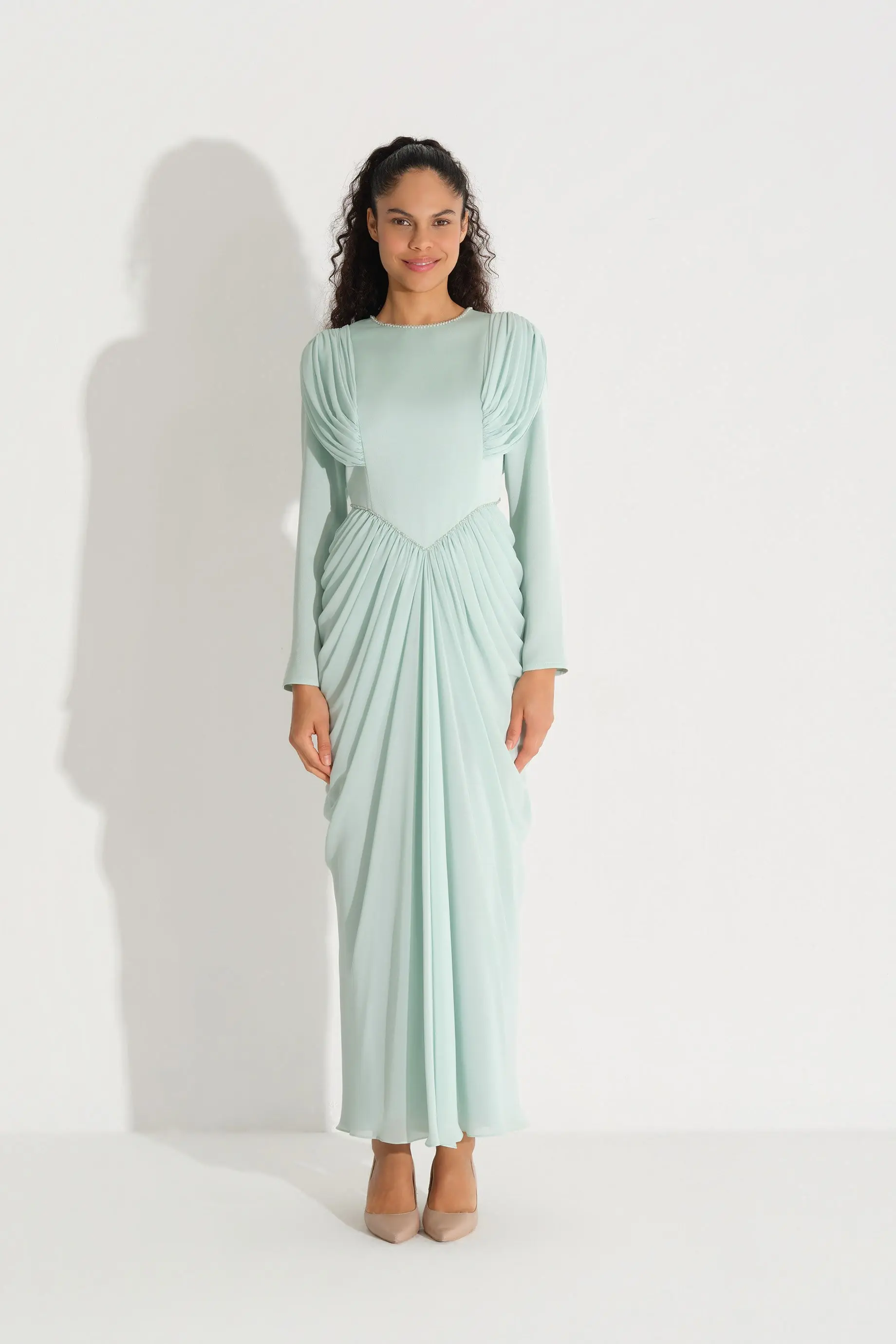Draped Shoulder & Side Chiffon Dress – Mint