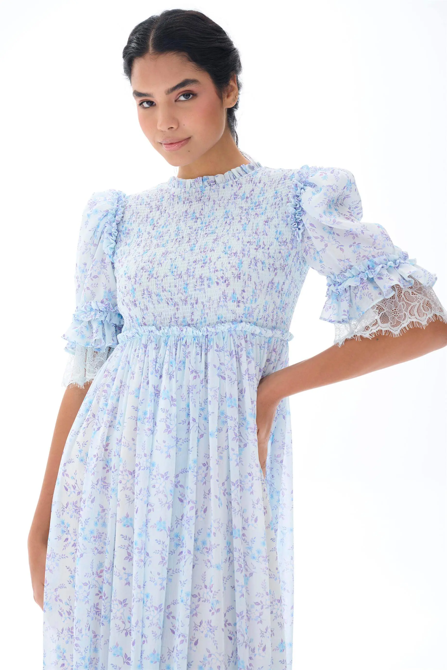 Gathered Bodice Balloon-Sleeve Floral Dress – Blue, photo 4