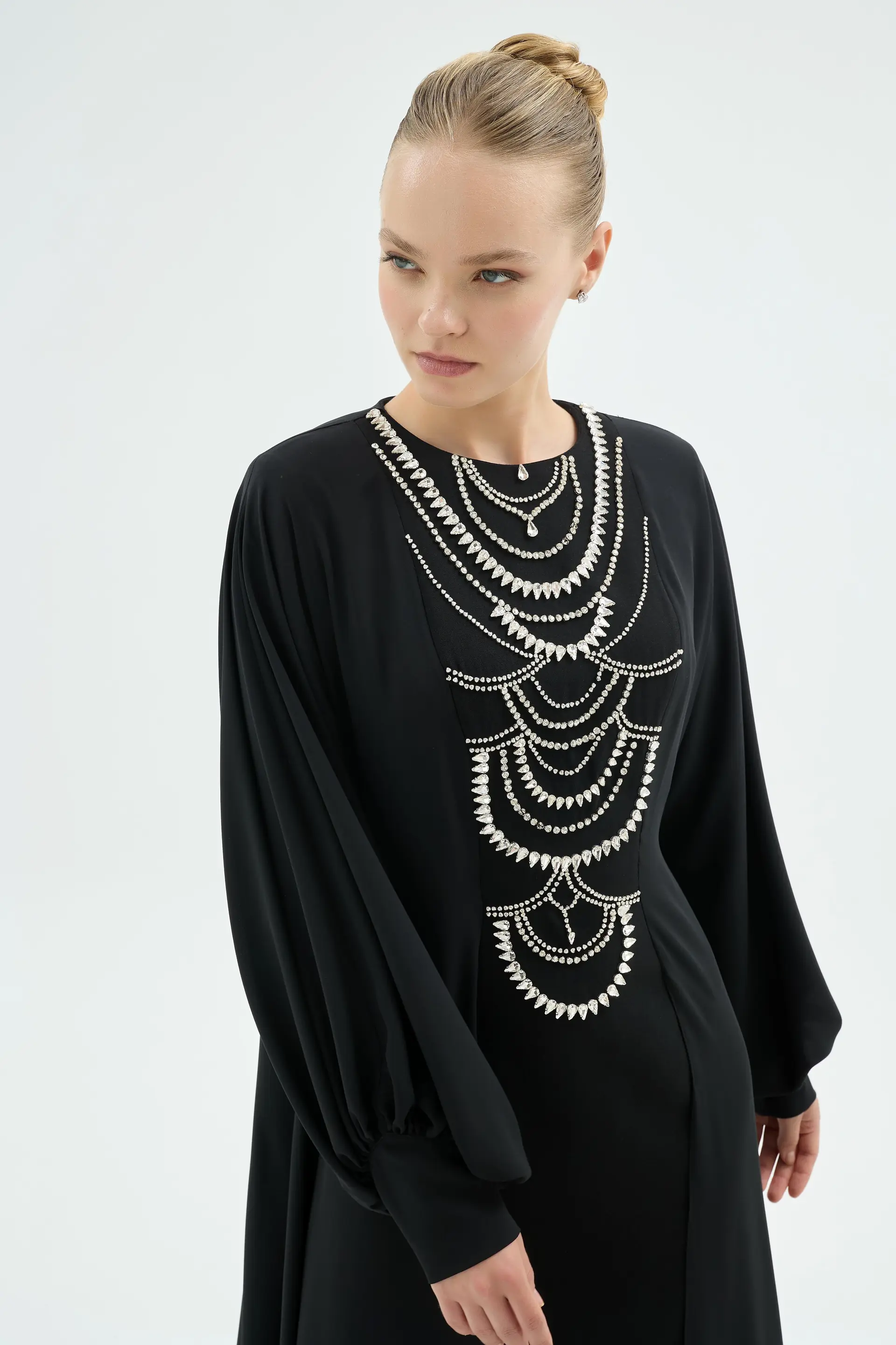 Crystal Embellished Flowing Abaya Dress – Black, photo 2