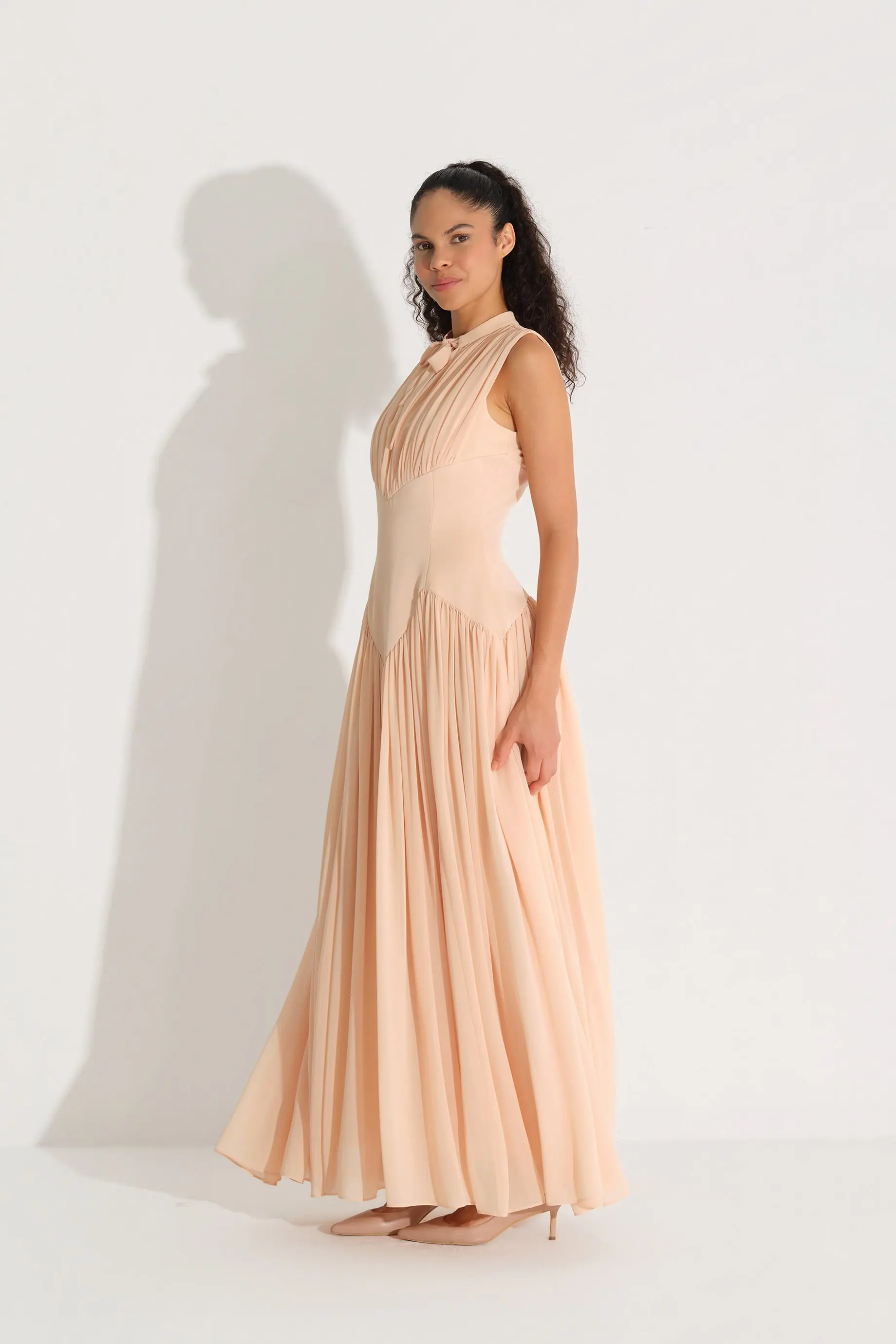 Bow-Neck Corset-Detail Chiffon Dress - Beige, photo 4